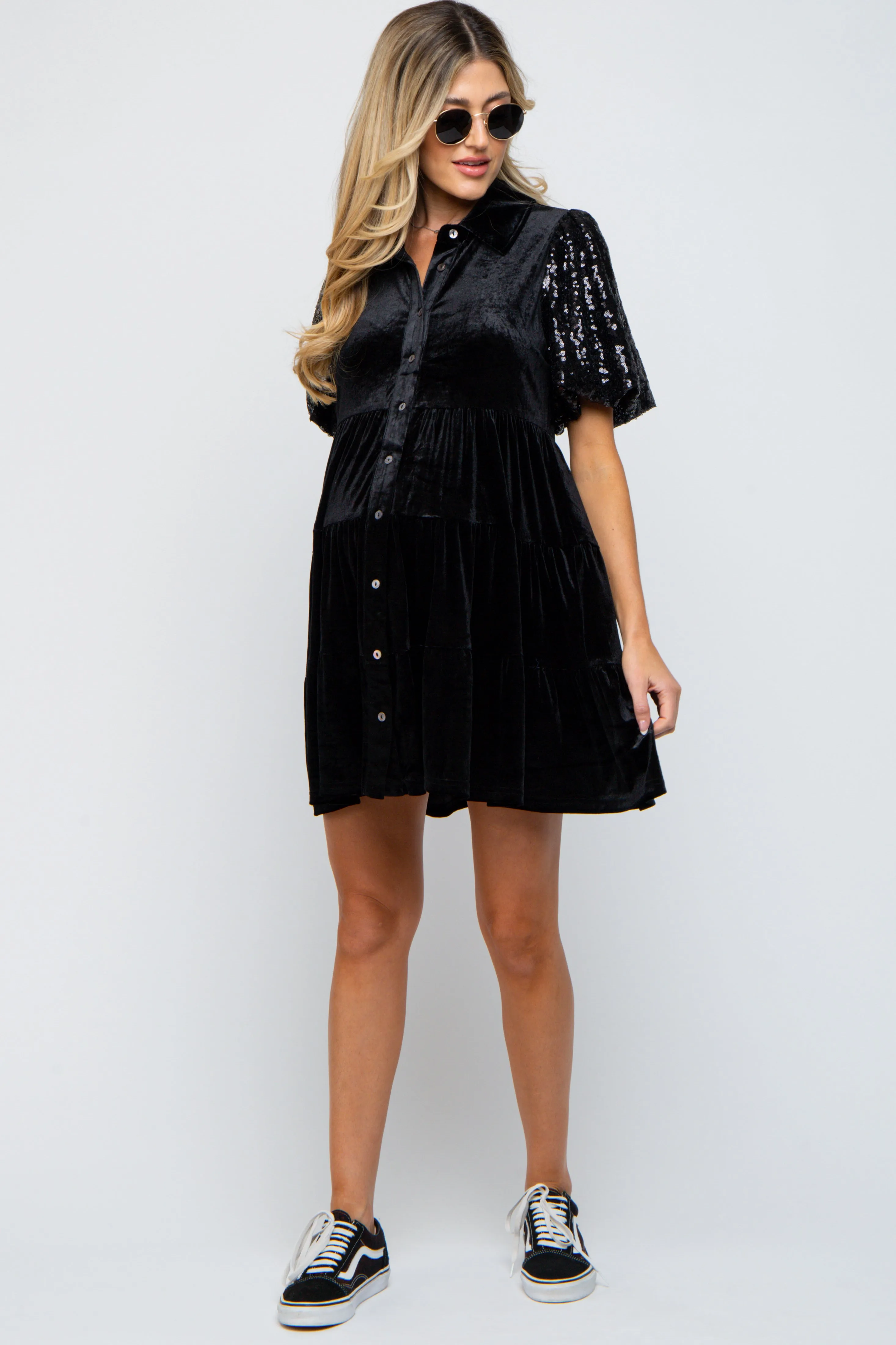 Black Velvet Tiered Sequin Short Sleeve Maternity Dress sold by Pinkblush product image thumbnail 5