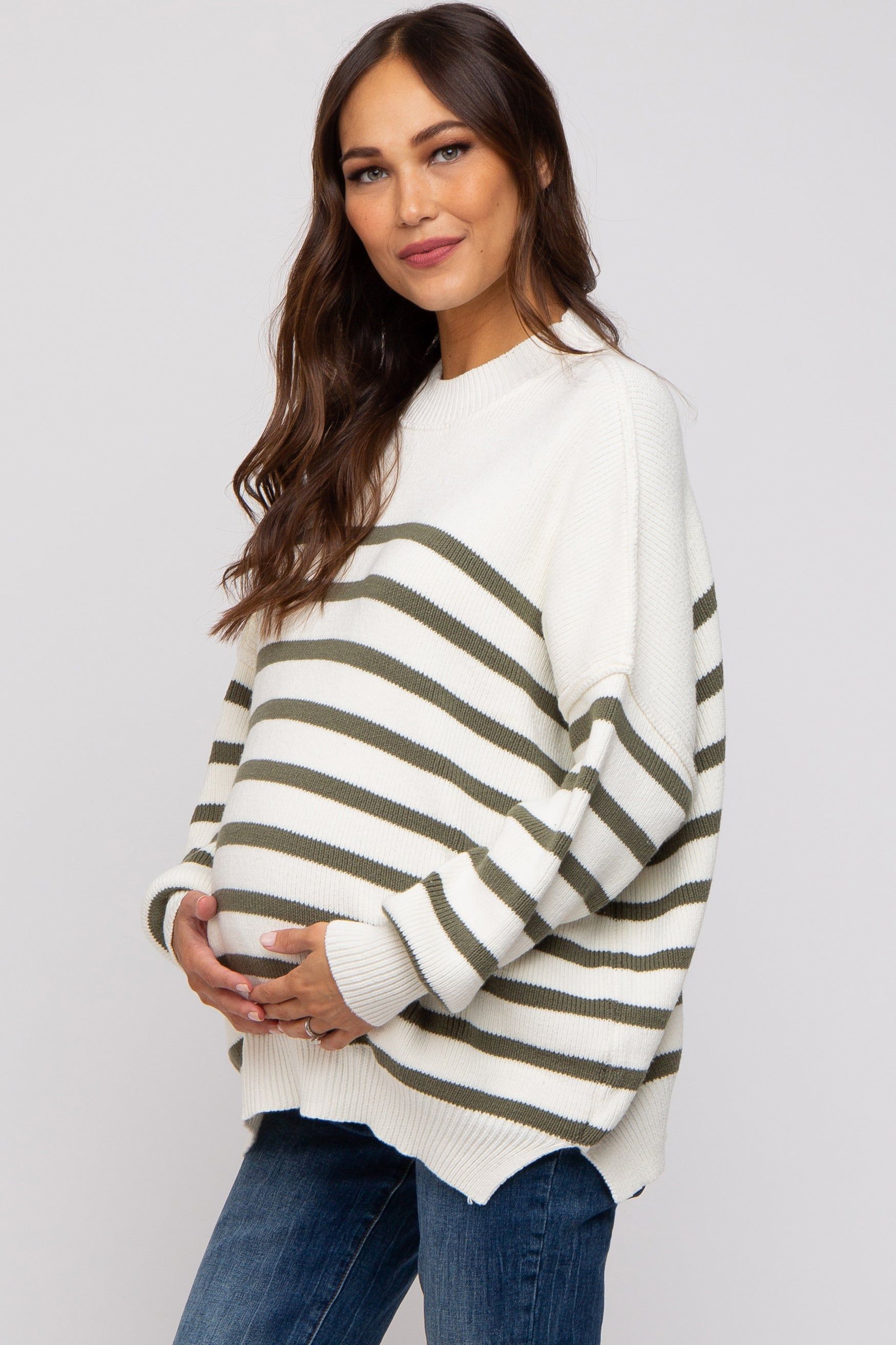 Olive Striped Drop Shoulder Maternity Sweater sold by Pinkblush product image thumbnail 2