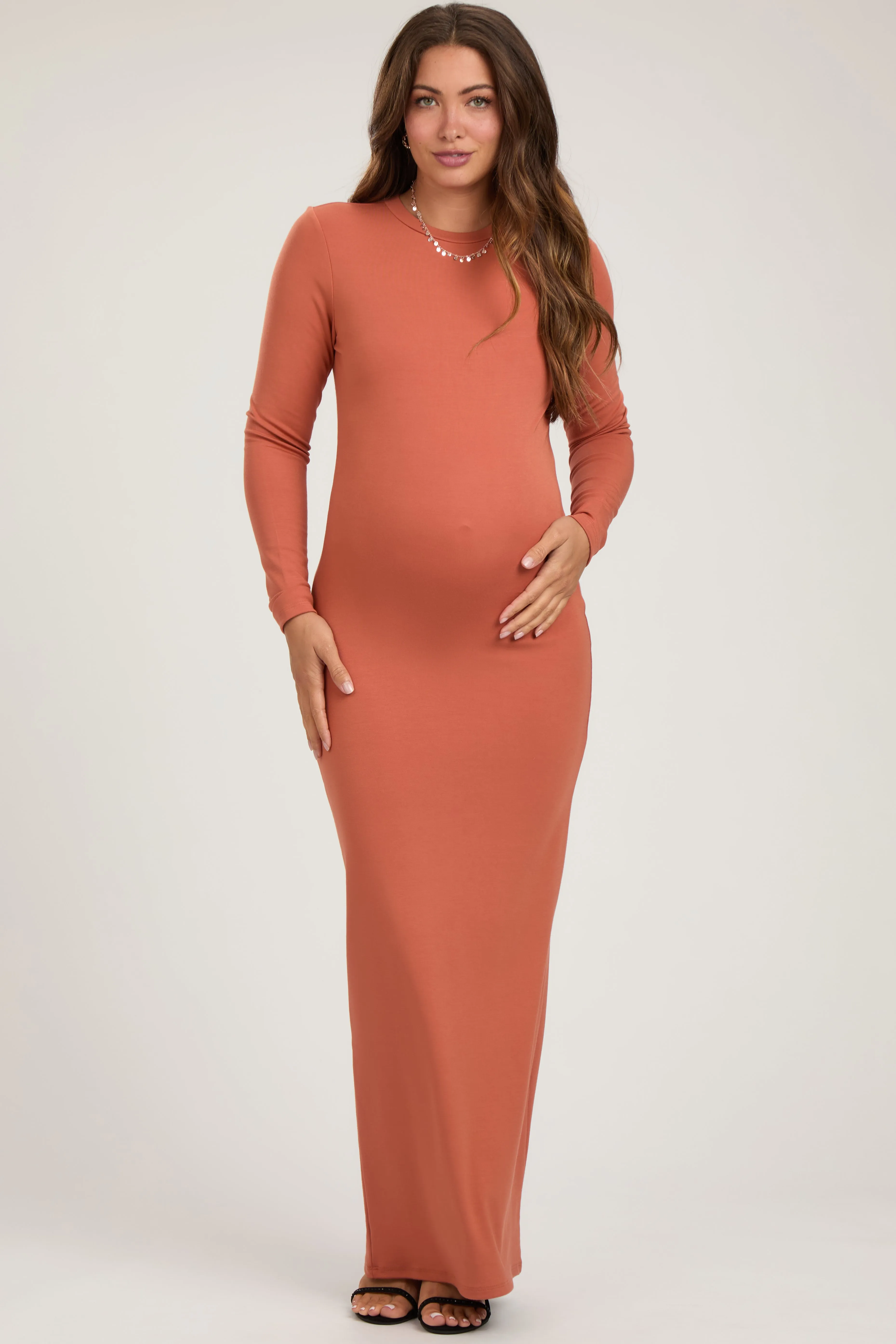 Rust Long Sleeve Fitted Maternity Maxi Dress sold by Pinkblush