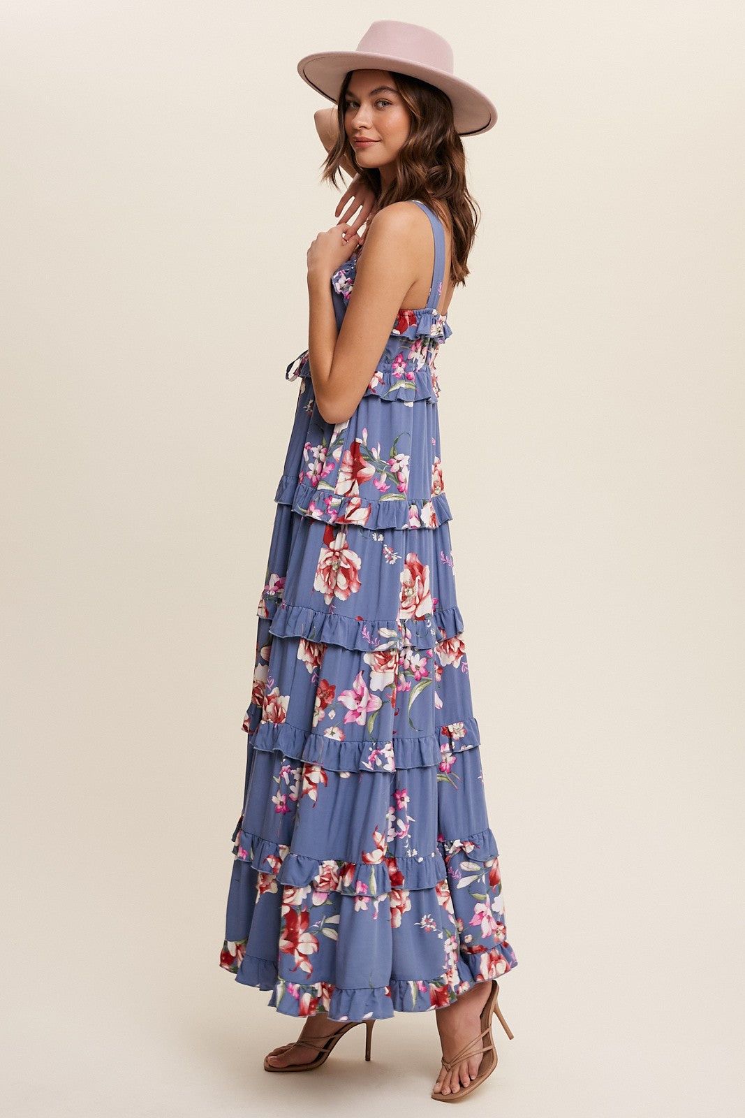 Blue Floral Sleeveless Tiered Maxi Dress sold by Pinkblush product image thumbnail 3