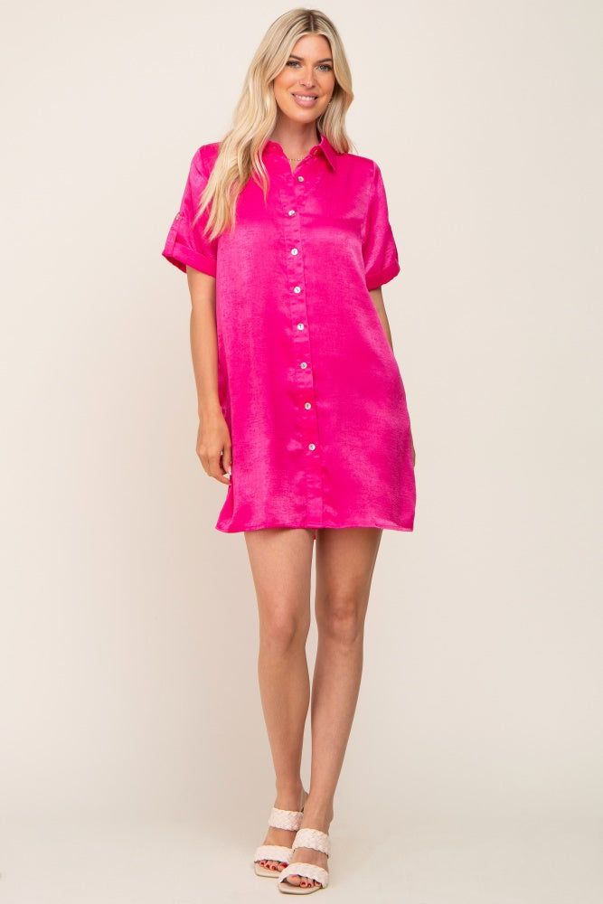 Fuchsia Satin Button Front Short Sleeve Dress sold by Pinkblush product image thumbnail 5