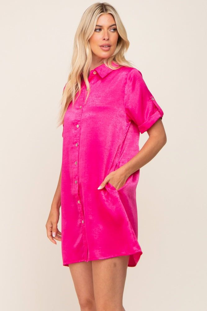 Fuchsia Satin Button Front Short Sleeve Dress sold by Pinkblush product image thumbnail 2