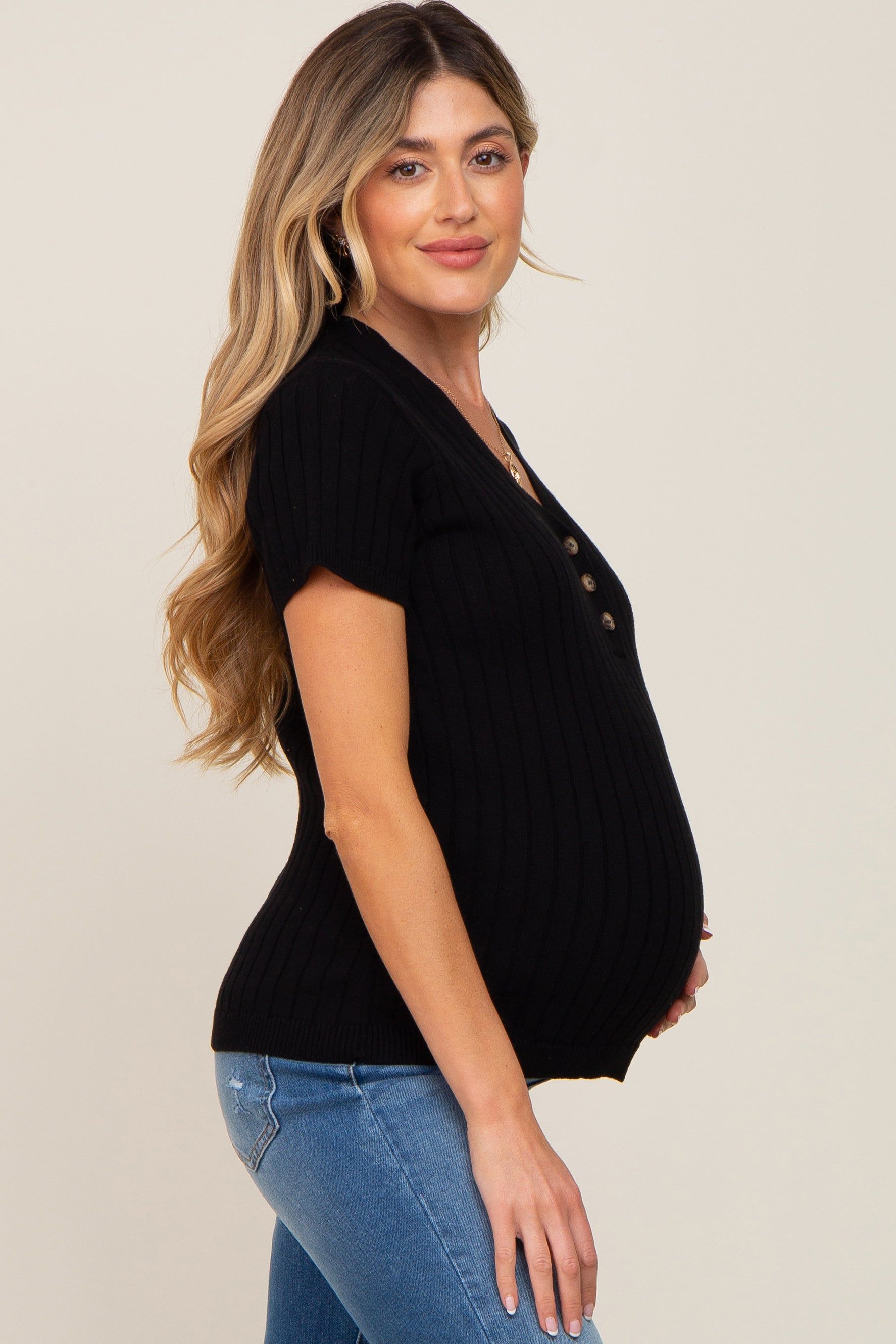 Black Ribbed Knit Button Maternity Top sold by Pinkblush product image thumbnail 2