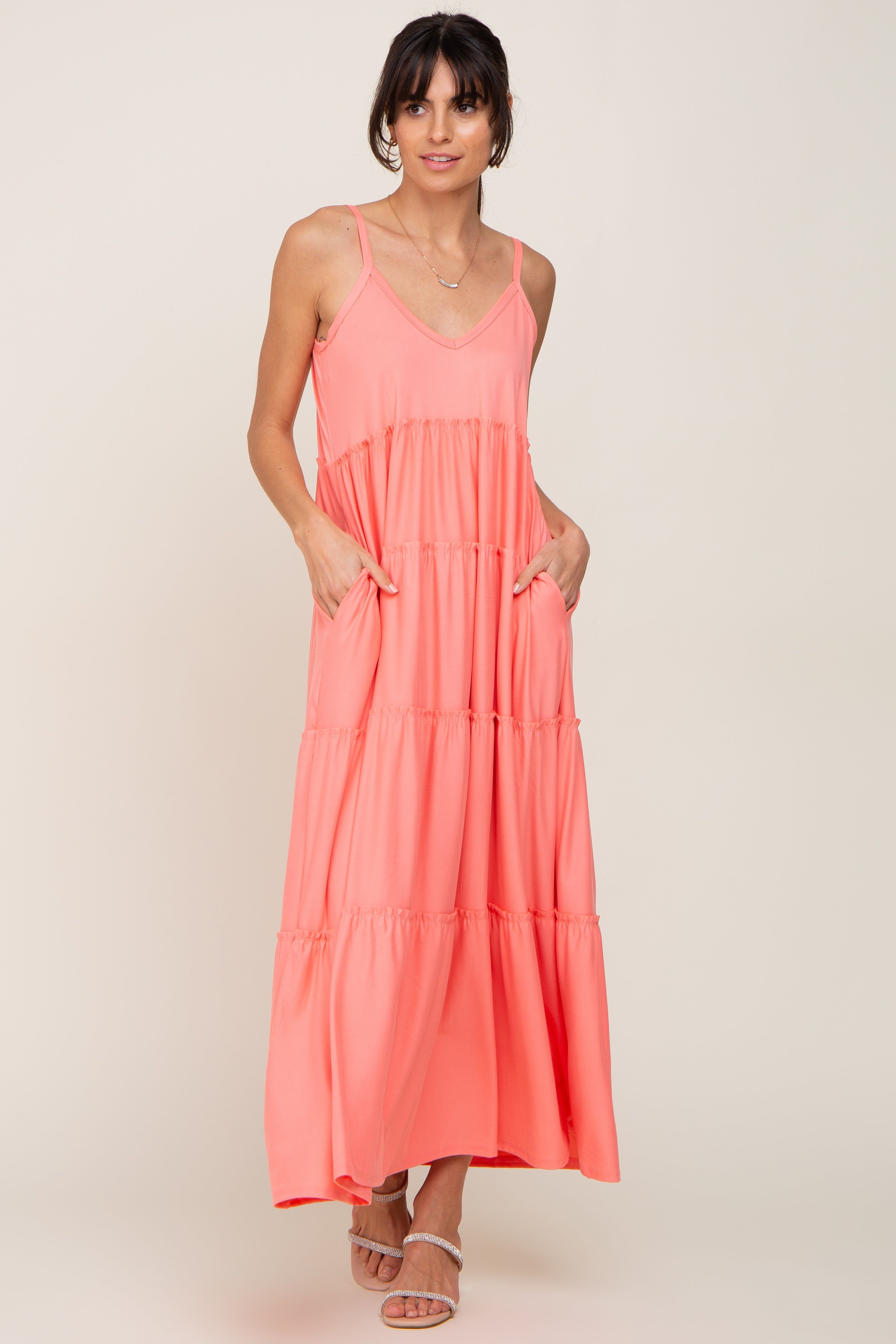 Coral Pink Tiered Sleeveless Maxi Dress sold by Pinkblush product image thumbnail 4