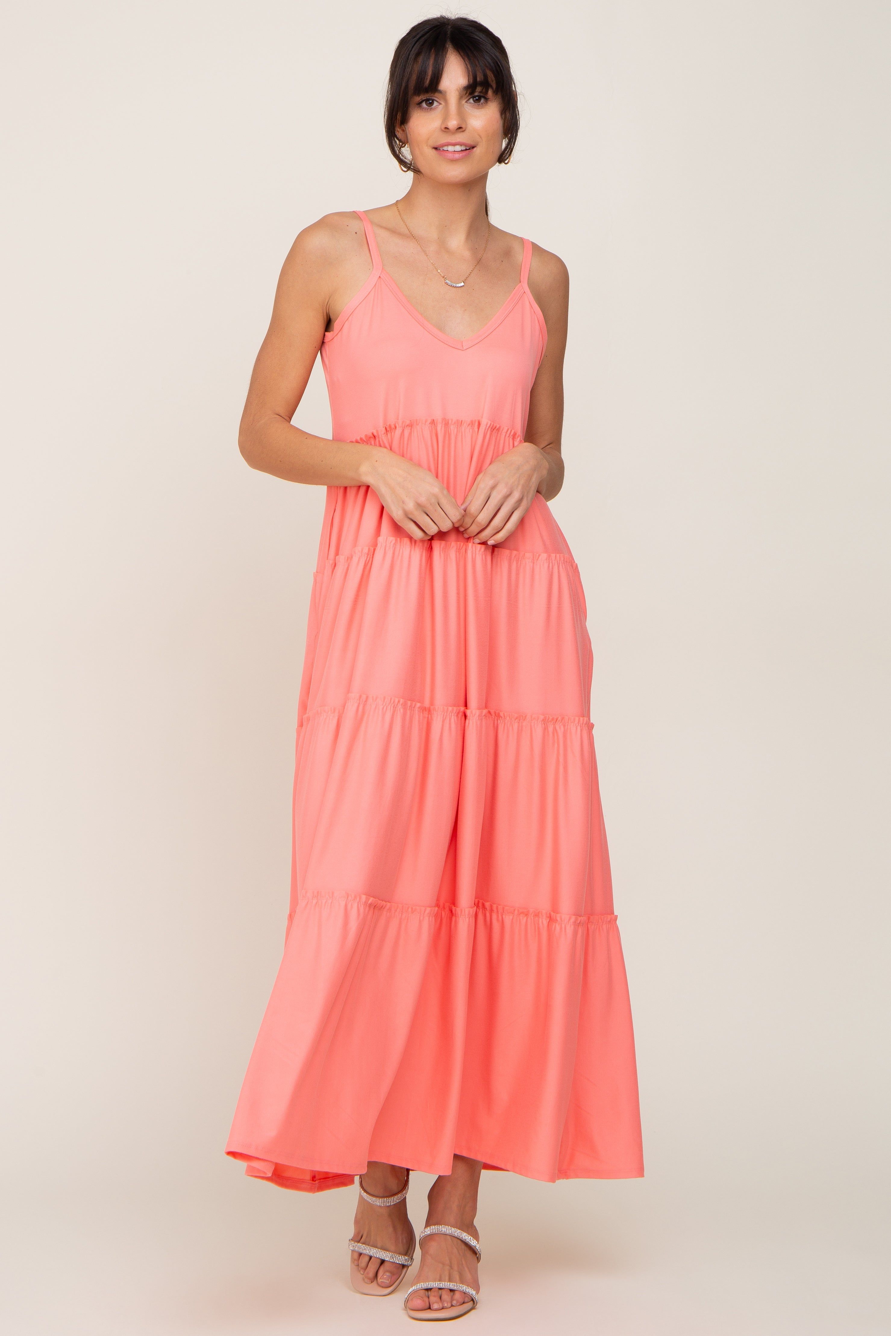 Coral Pink Tiered Sleeveless Maxi Dress sold by Pinkblush