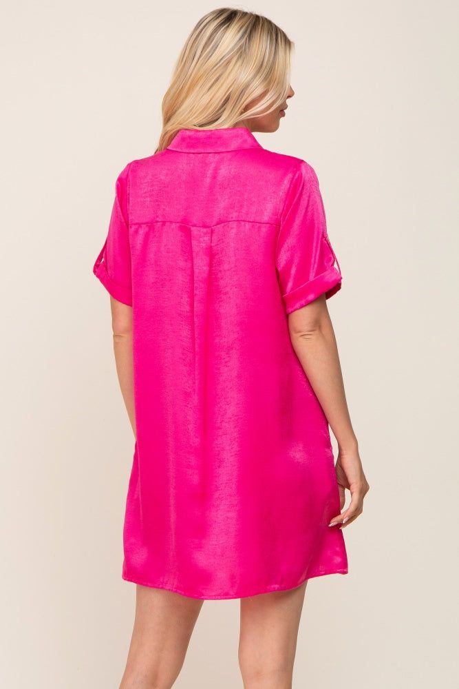 Fuchsia Satin Button Front Short Sleeve Dress sold by Pinkblush product image thumbnail 3