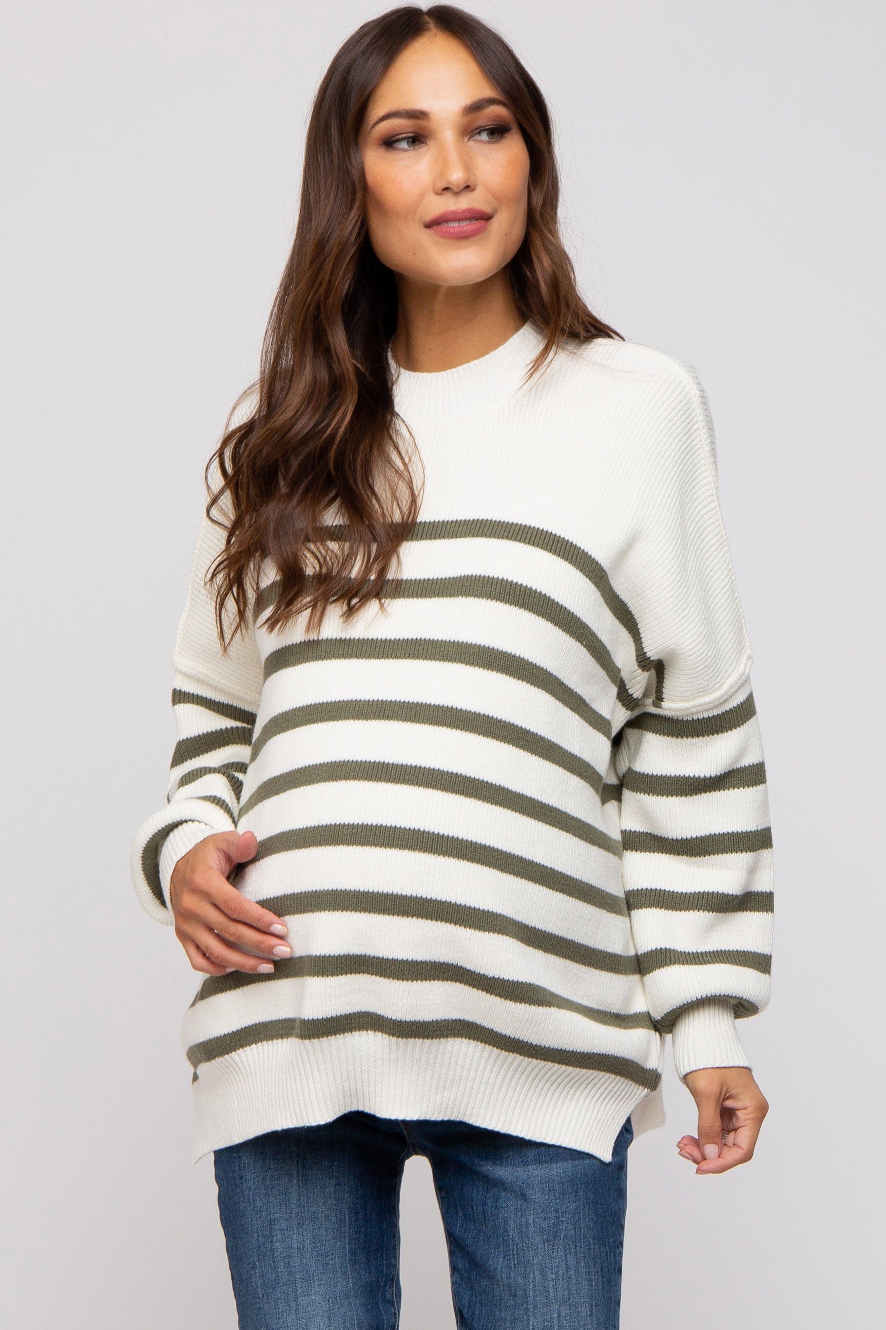 Olive Striped Drop Shoulder Maternity Sweater sold by Pinkblush