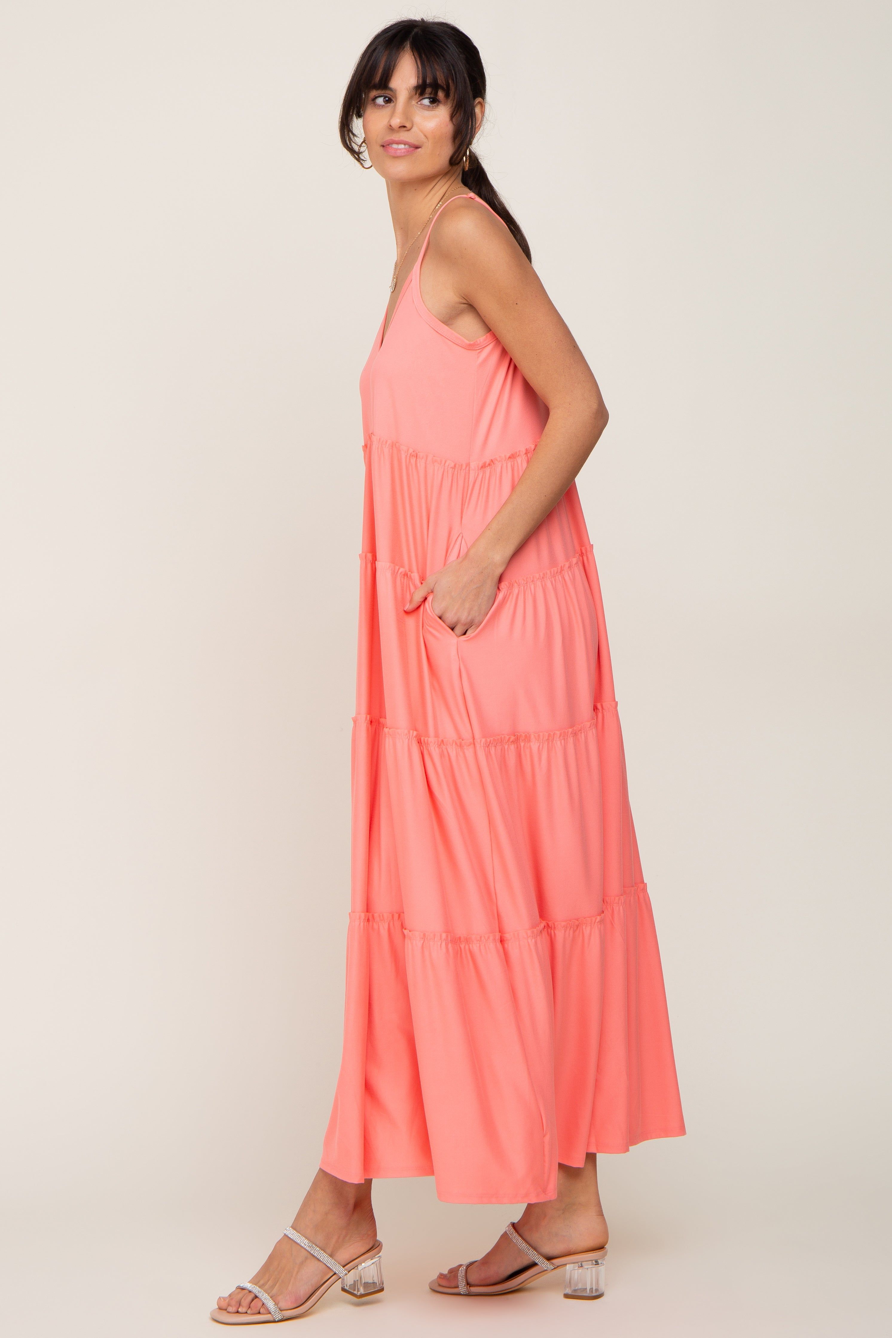 Coral Pink Tiered Sleeveless Maxi Dress sold by Pinkblush product image thumbnail 2
