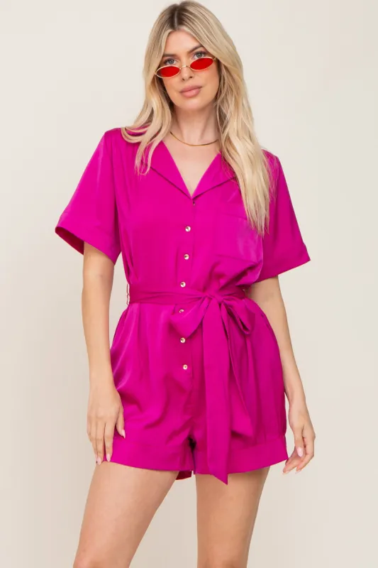 Fuchsia Satin Button Down Romper sold by Pinkblush