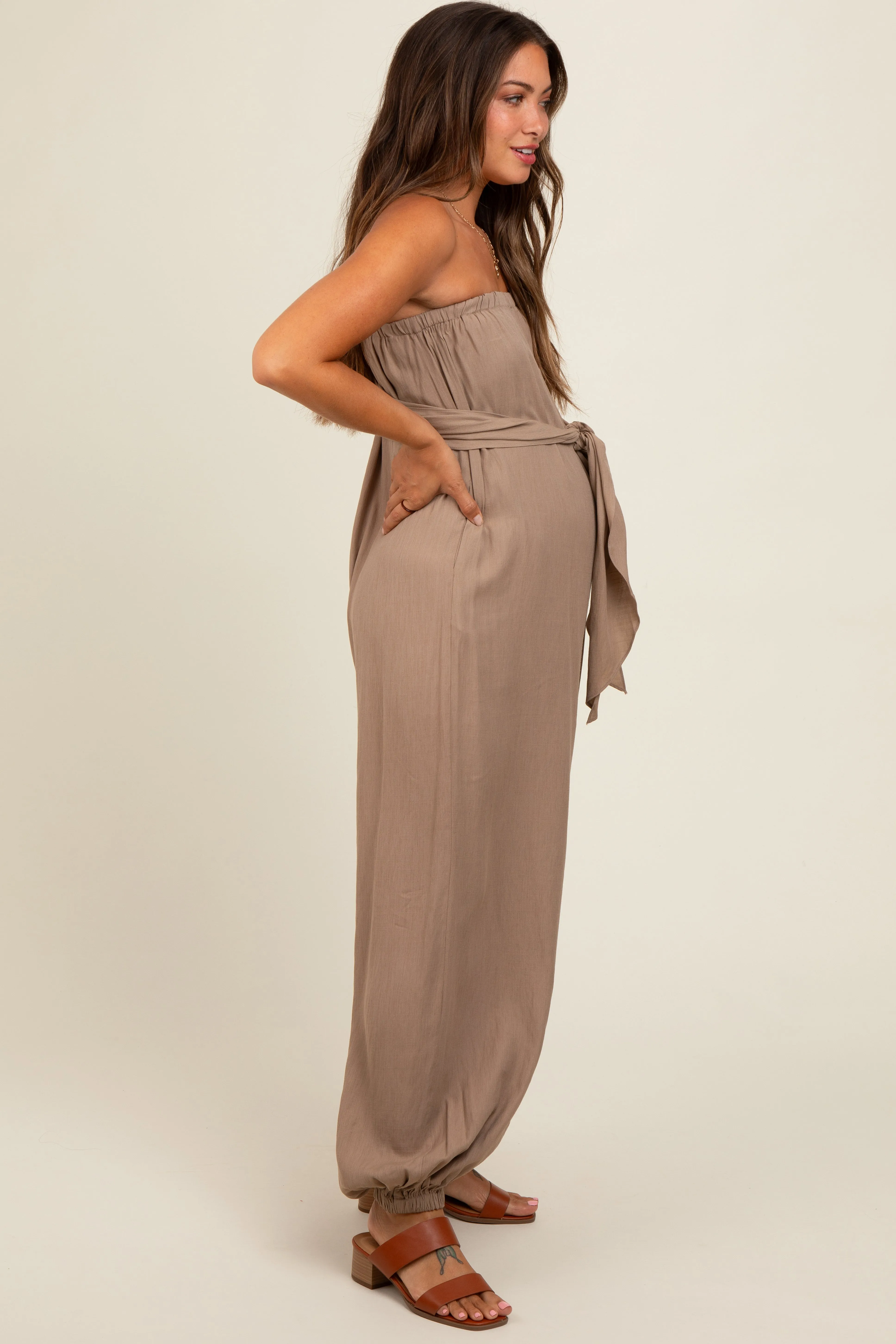 Mocha Strapless Sash Tie Maternity Jumpsuit sold by Pinkblush product image thumbnail 3
