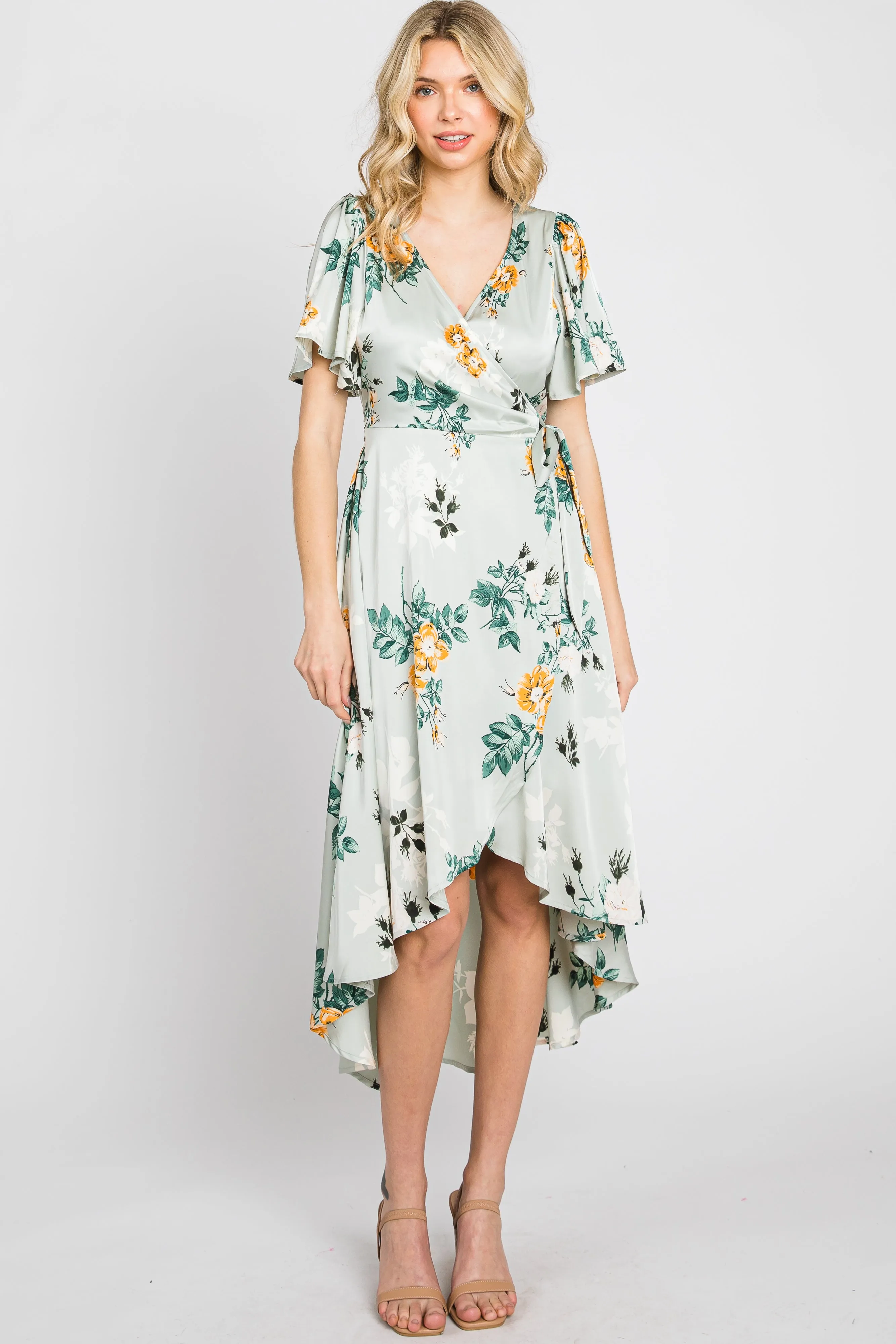 Light Blue Floral Satin Wrap Front Hi-Low Midi Dress sold by Pinkblush product image thumbnail 3