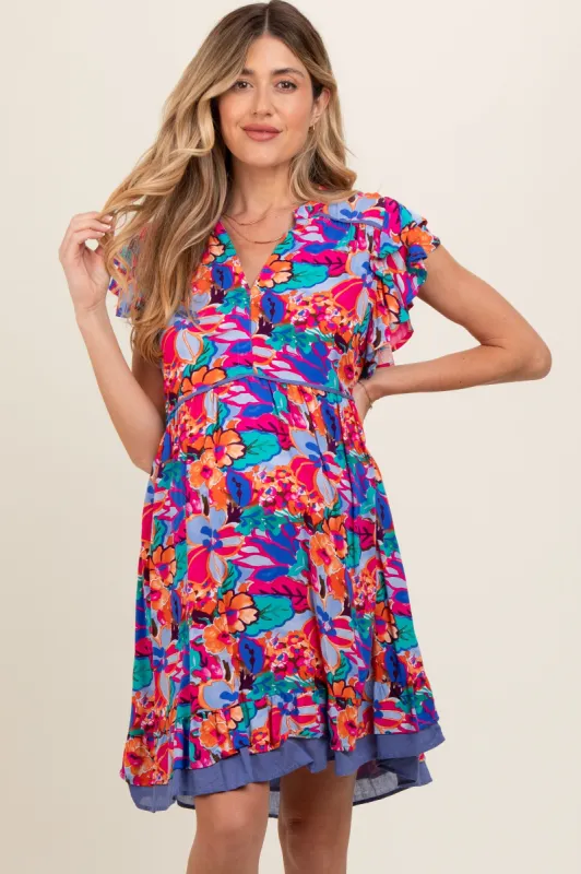 Blue Multicolor Ruffle Accent Maternity Dress sold by Pinkblush
