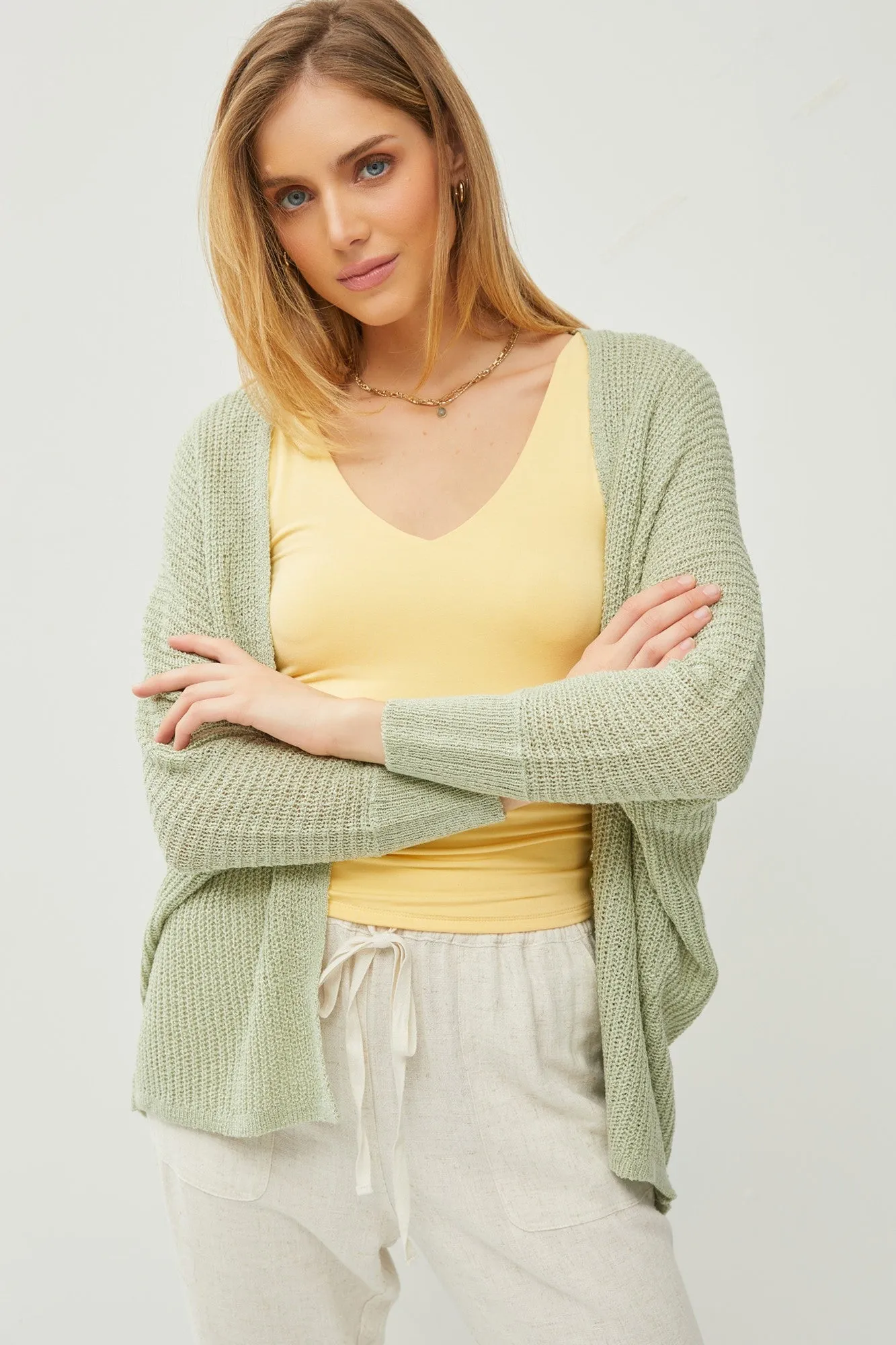 Light Olive Knit Dolman Sleeve Cardigan sold by Pinkblush