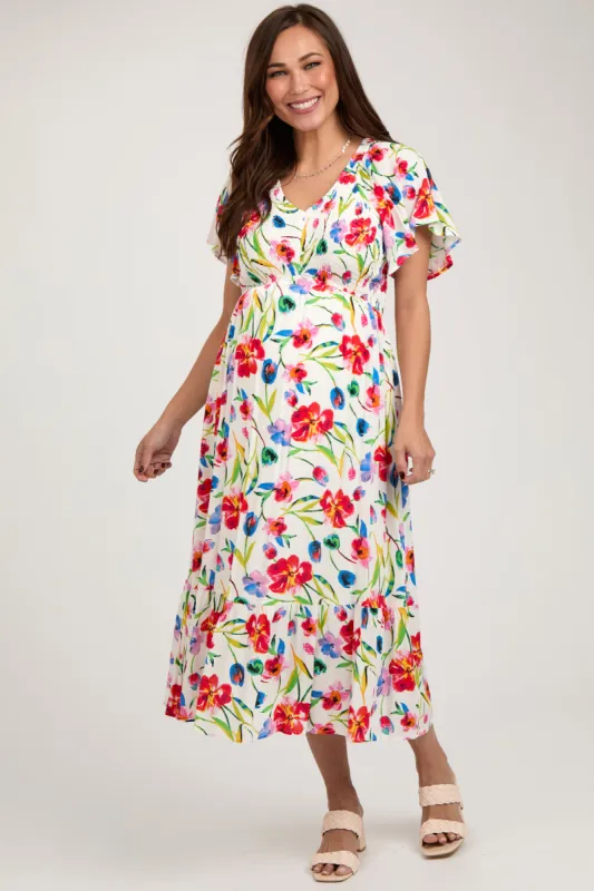 Ivory Floral Flutter Sleeve Smocked Maternity Midi Dress sold by Pinkblush