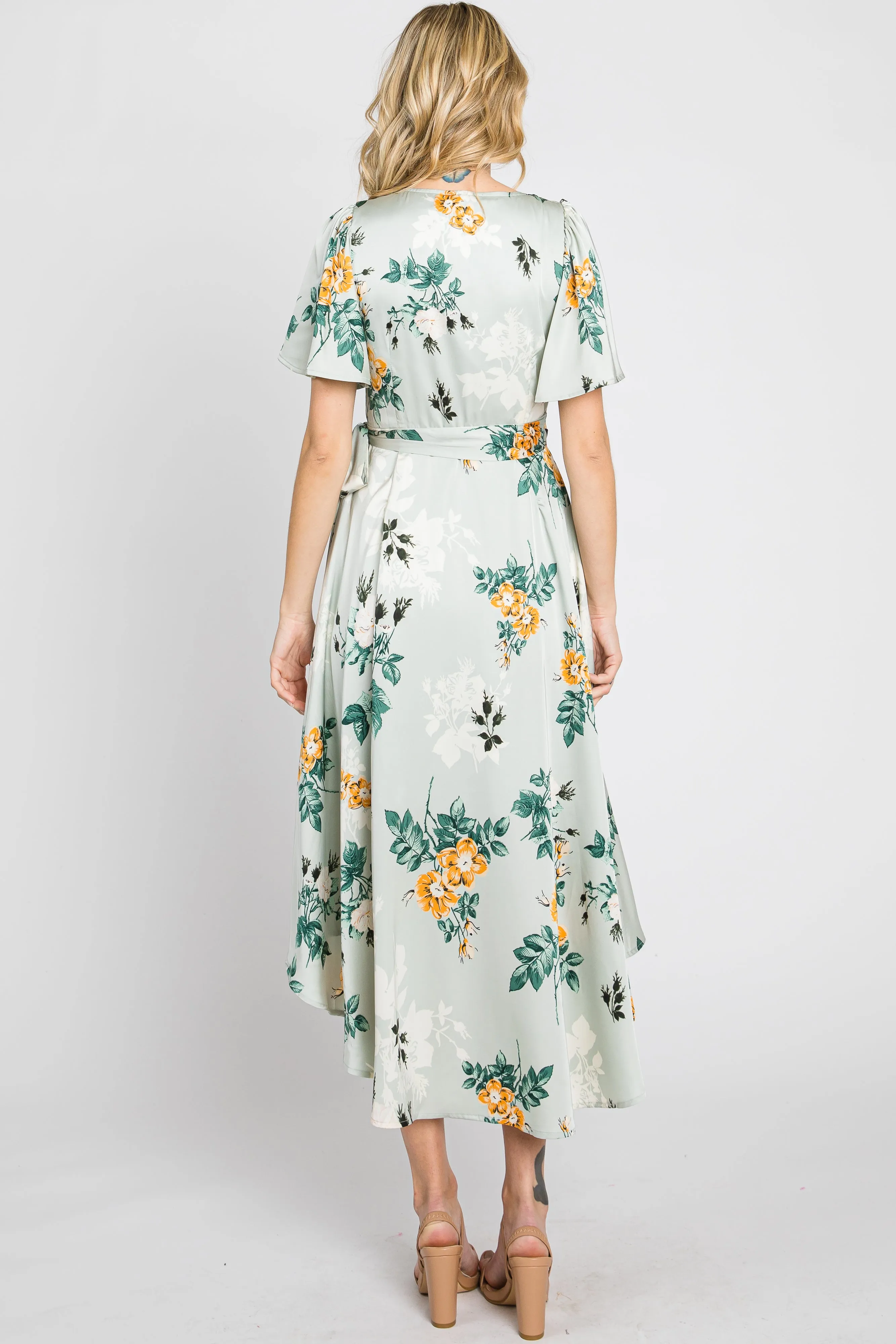 Light Blue Floral Satin Wrap Front Hi-Low Midi Dress sold by Pinkblush product image thumbnail 4