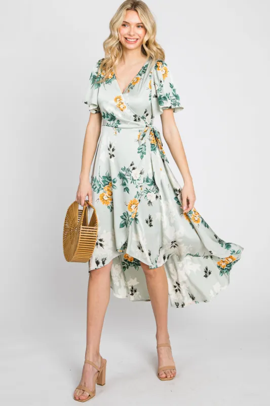 Light Blue Floral Satin Wrap Front Hi-Low Midi Dress sold by Pinkblush