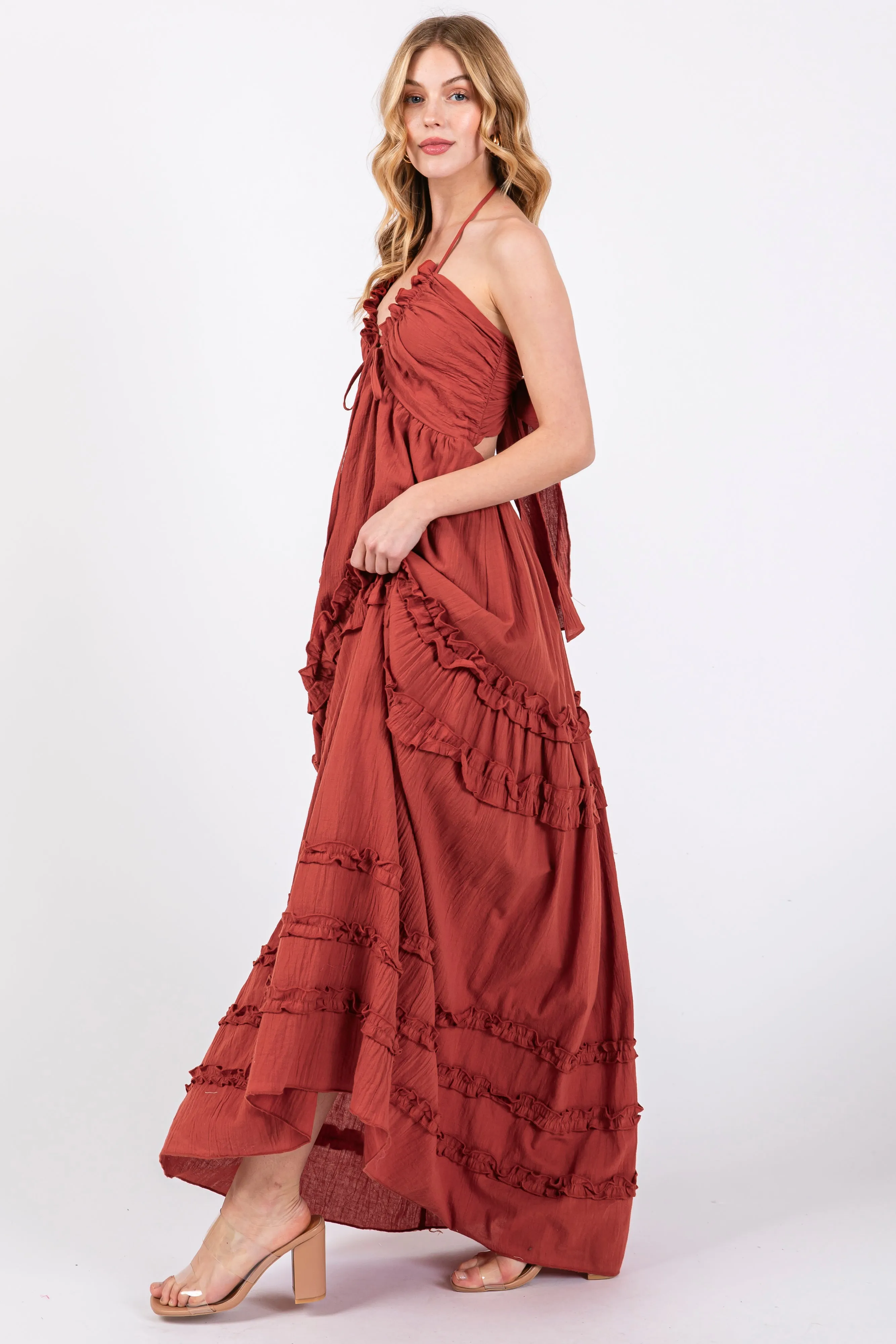 Rust Ruffle Ruched Deep V-Neck Maxi Dress sold by Pinkblush product image thumbnail 2