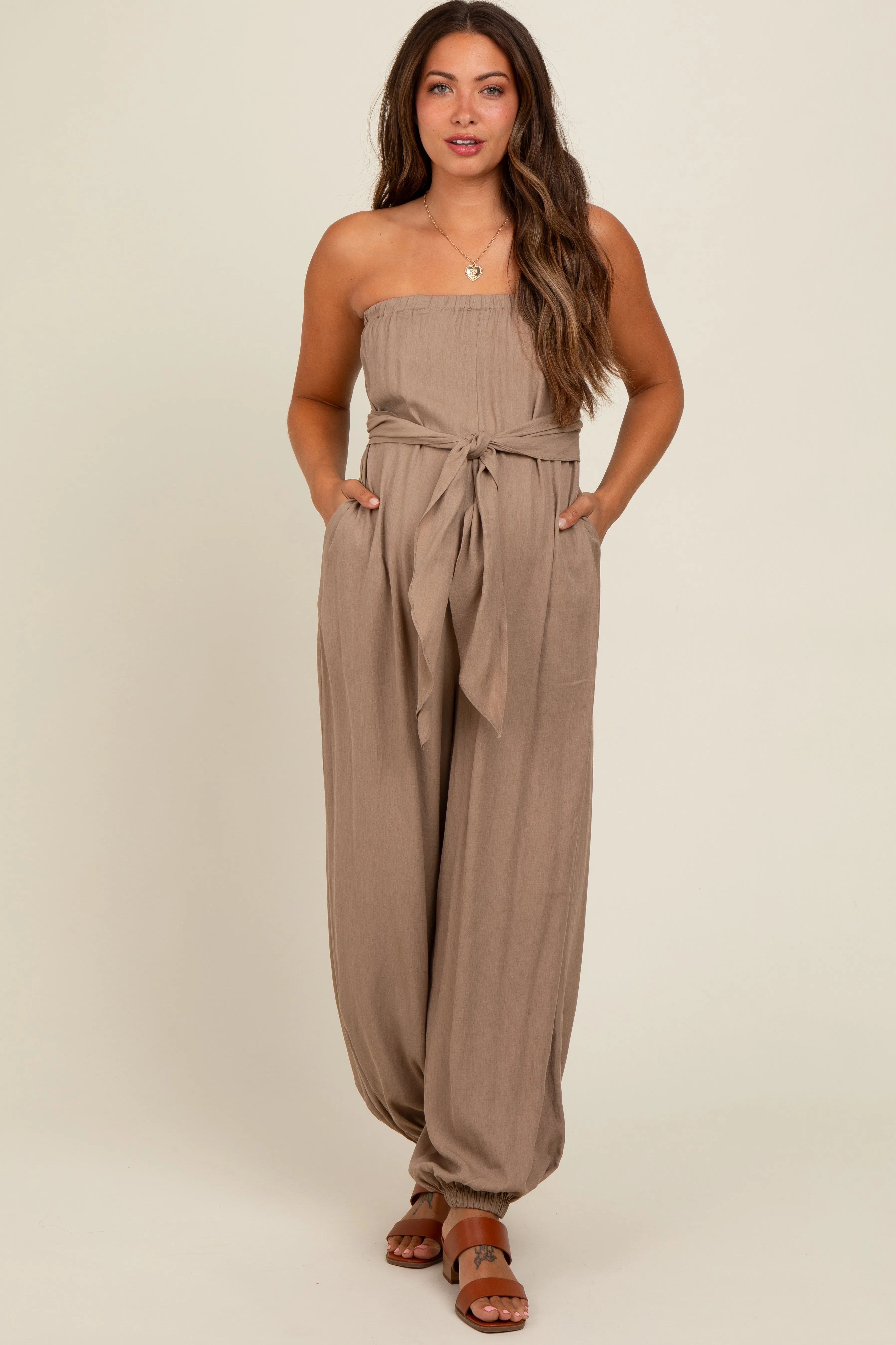 Mocha Strapless Sash Tie Maternity Jumpsuit sold by Pinkblush product image thumbnail 2