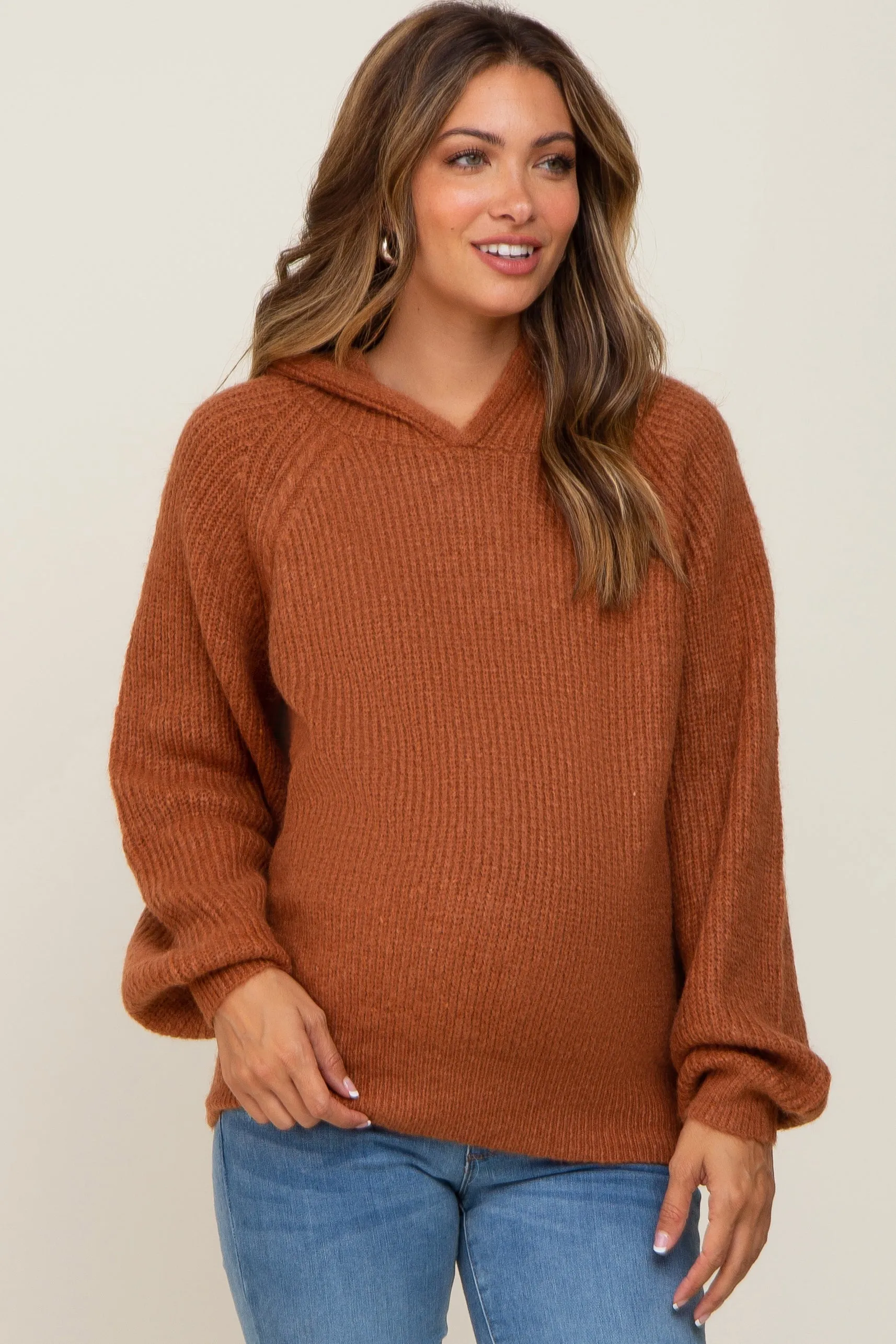 Camel Hooded Maternity Sweater sold by Pinkblush