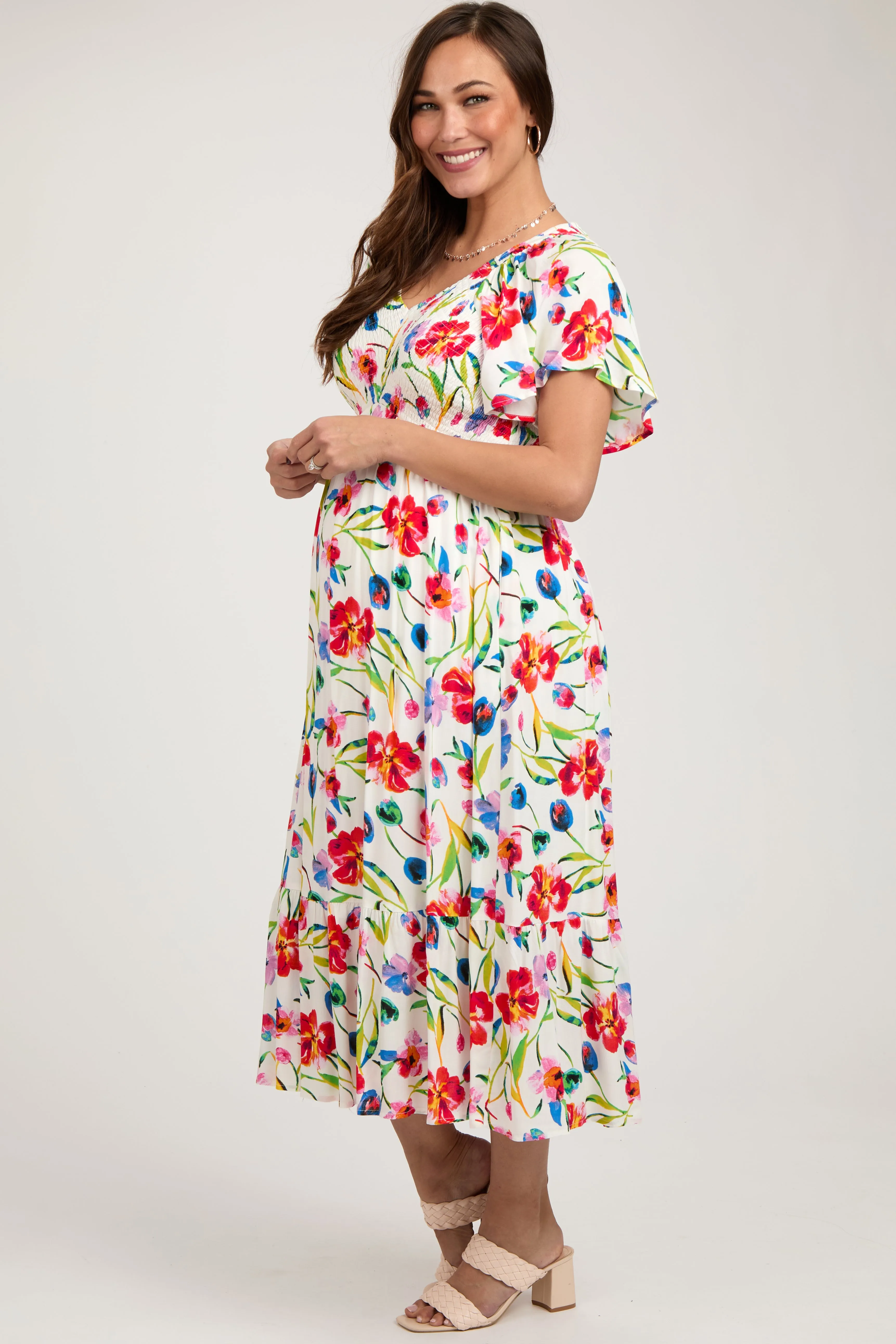 Ivory Floral Flutter Sleeve Smocked Maternity Midi Dress sold by Pinkblush product image thumbnail 2