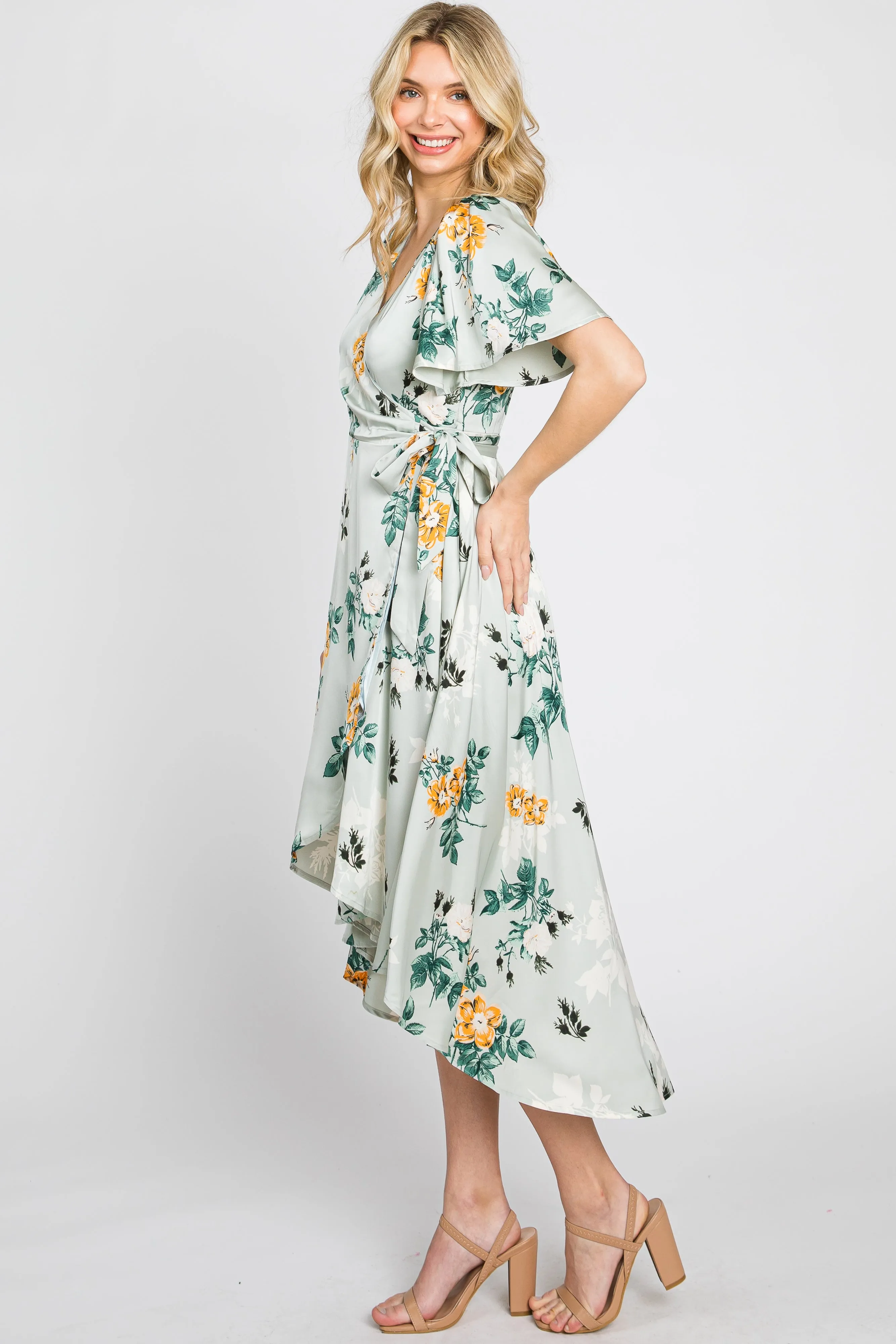 Light Blue Floral Satin Wrap Front Hi-Low Midi Dress sold by Pinkblush product image thumbnail 2