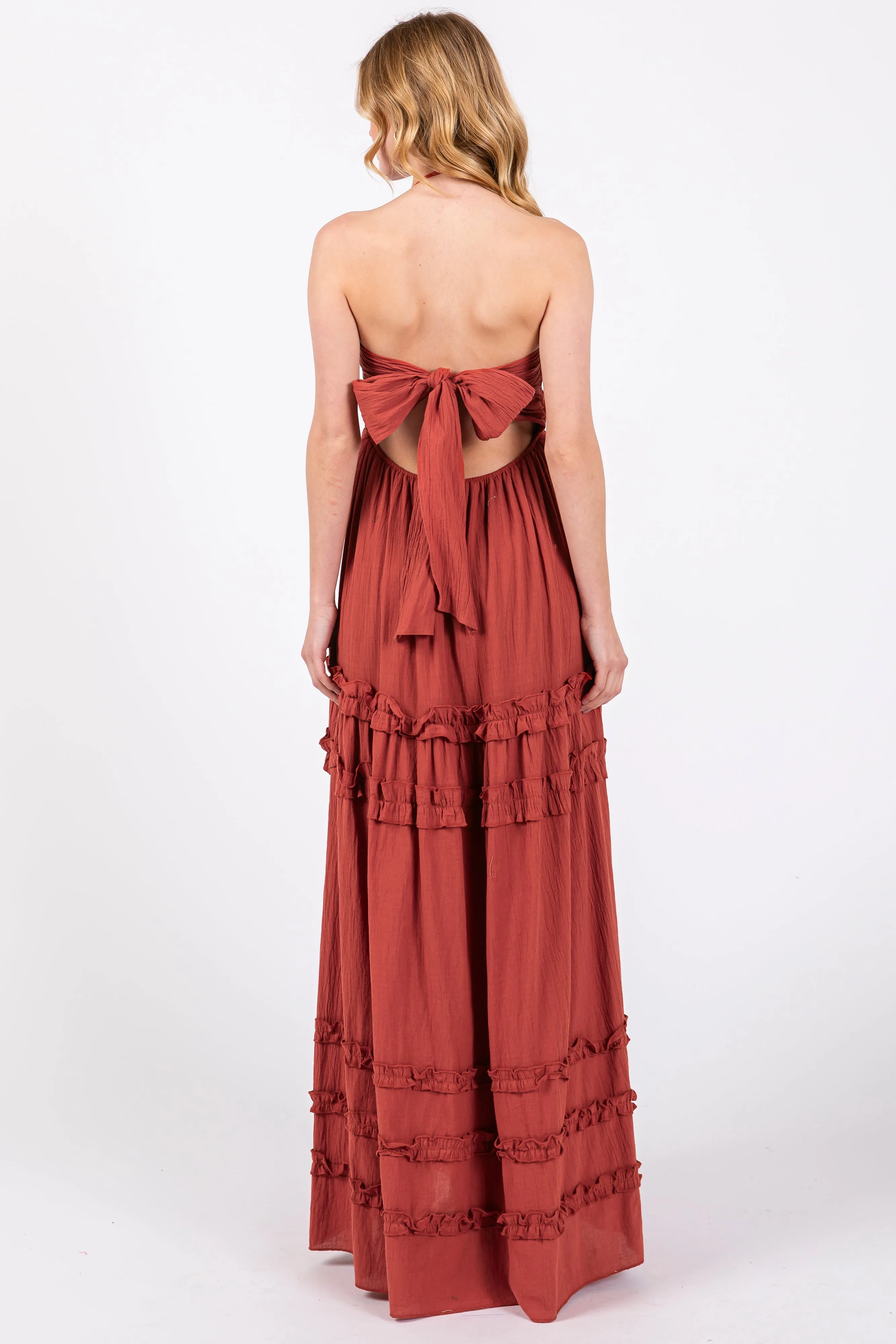 Rust Ruffle Ruched Deep V-Neck Maxi Dress sold by Pinkblush product image thumbnail 3