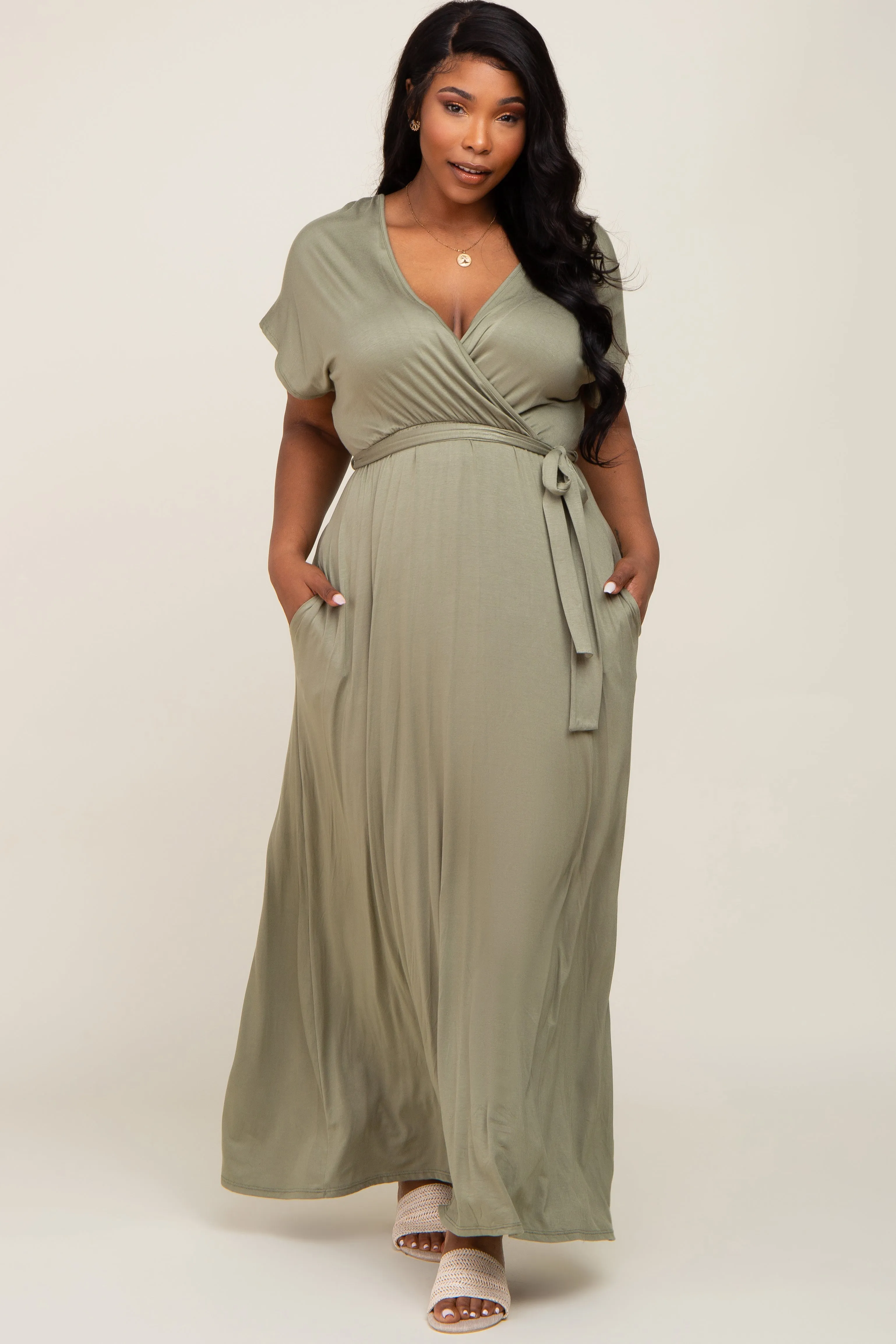 Light Olive Basic Plus Wrap Maxi Dress sold by Pinkblush product image thumbnail 4