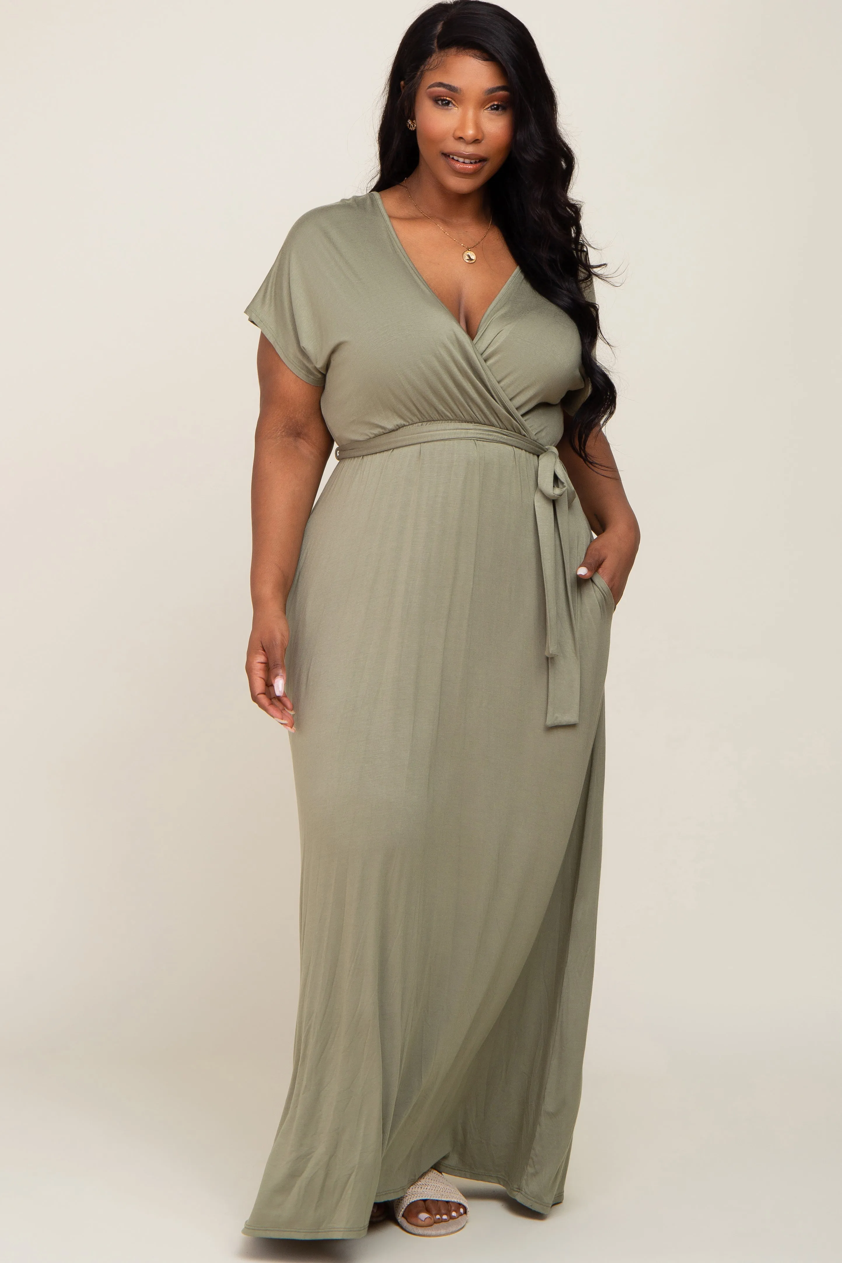 Light Olive Basic Plus Wrap Maxi Dress sold by Pinkblush
