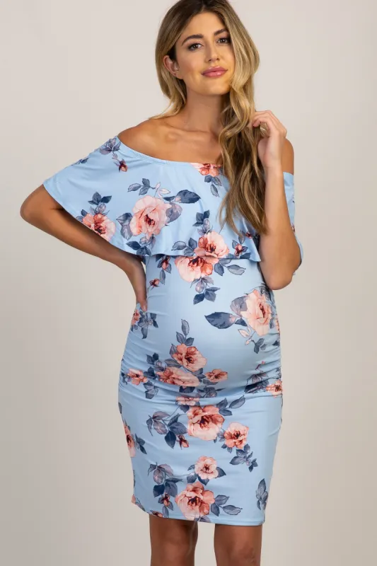 Light Blue Rose Print Ruffle Fitted Maternity Dress sold by Pinkblush
