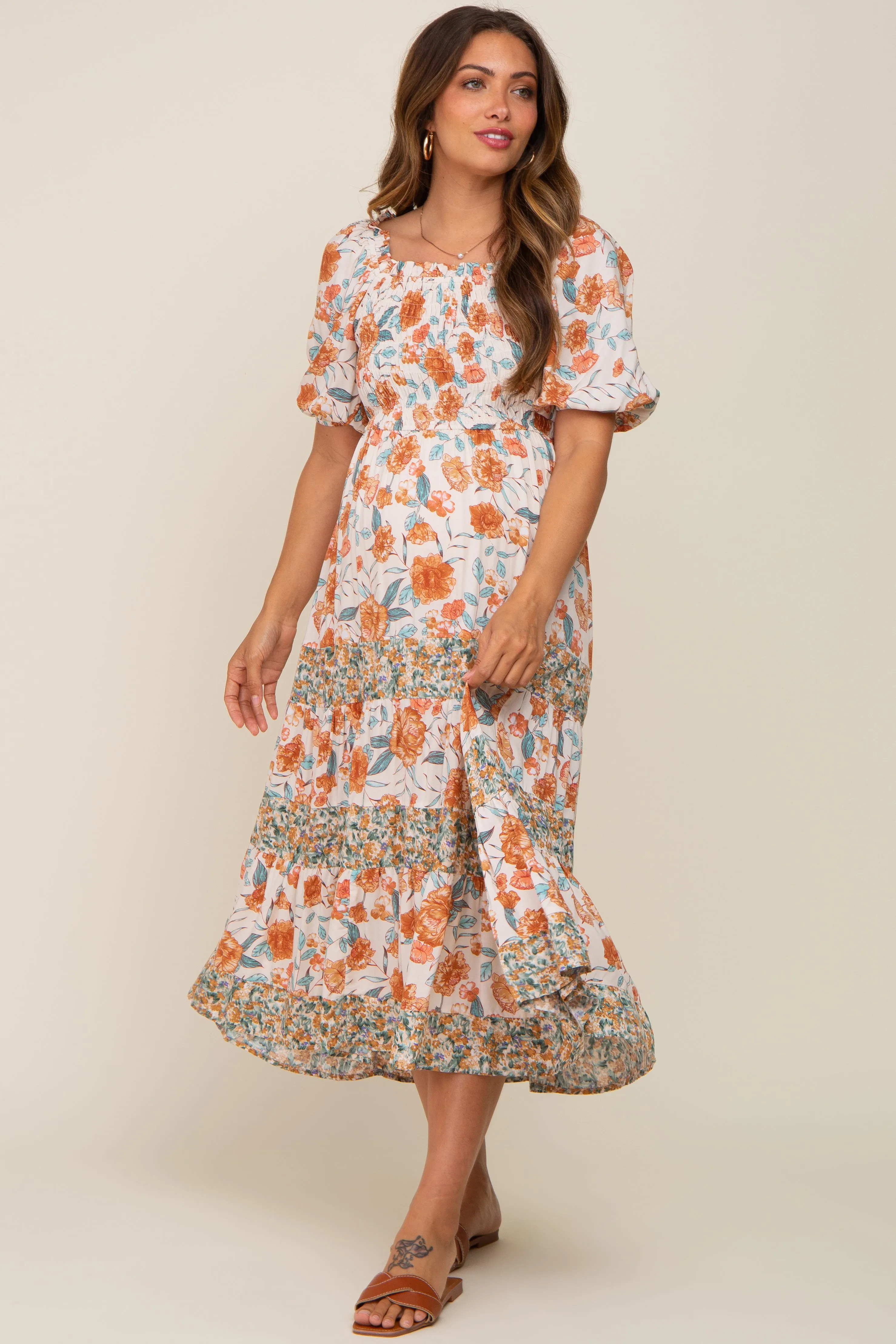 Cream Floral Puff Sleeve Tiered Maternity Midi Dress sold by Pinkblush product image thumbnail 5