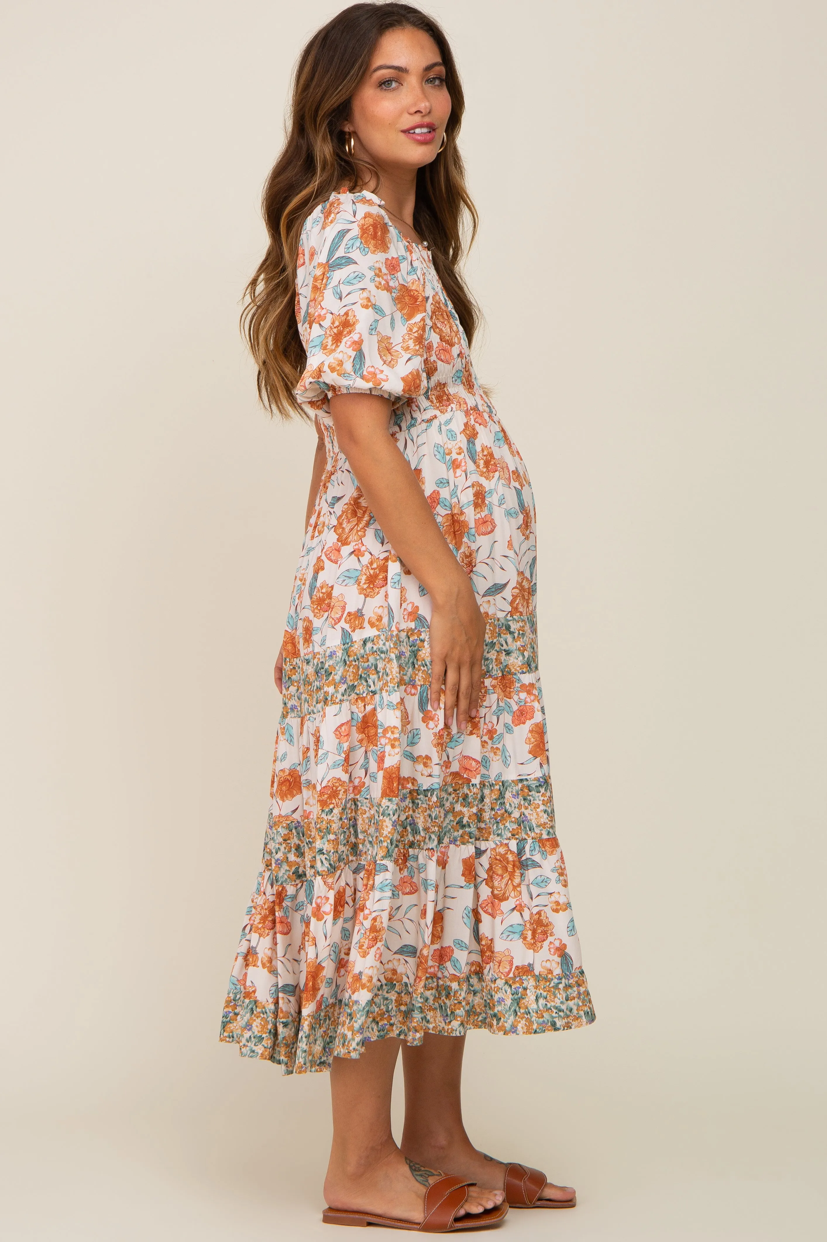 Cream Floral Puff Sleeve Tiered Maternity Midi Dress sold by Pinkblush product image thumbnail 2