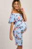Light Blue Rose Print Ruffle Fitted Maternity Dress sold by Pinkblush