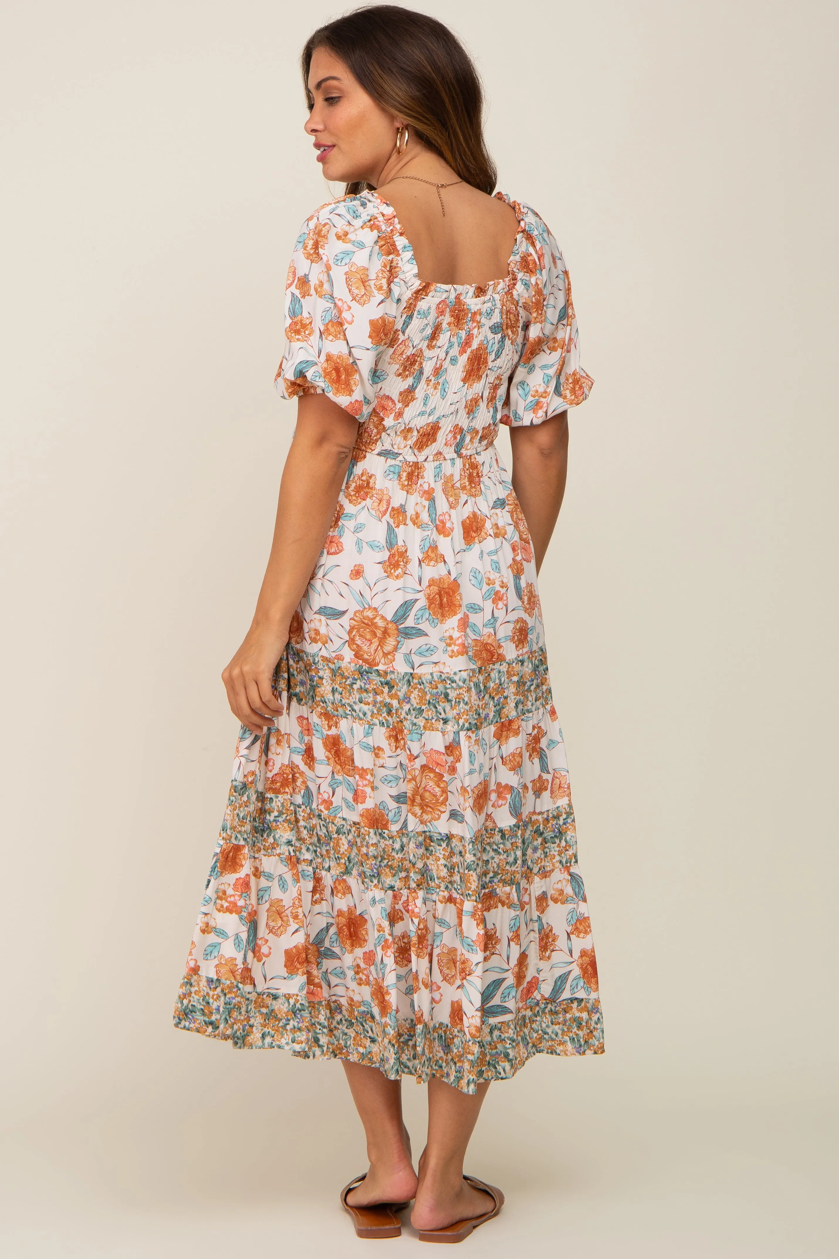 Cream Floral Puff Sleeve Tiered Maternity Midi Dress sold by Pinkblush product image thumbnail 3