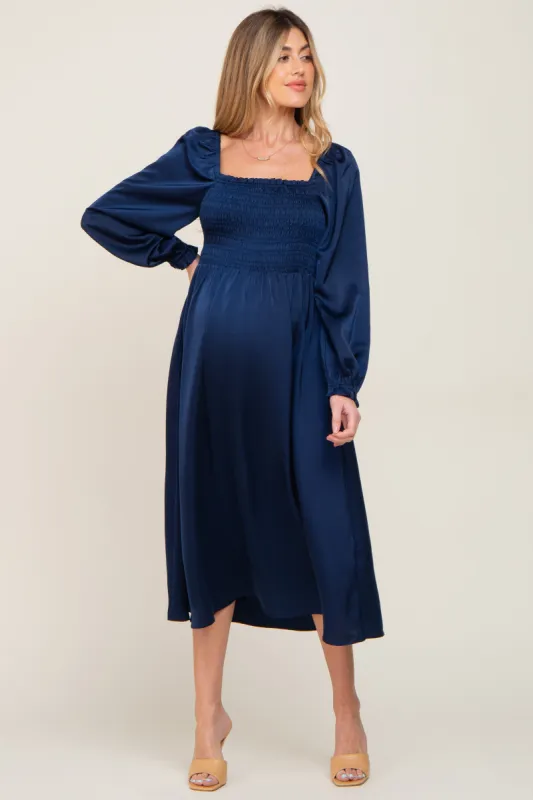 Navy Blue Smocked Square Neck Satin Maternity Midi Dress sold by Pinkblush