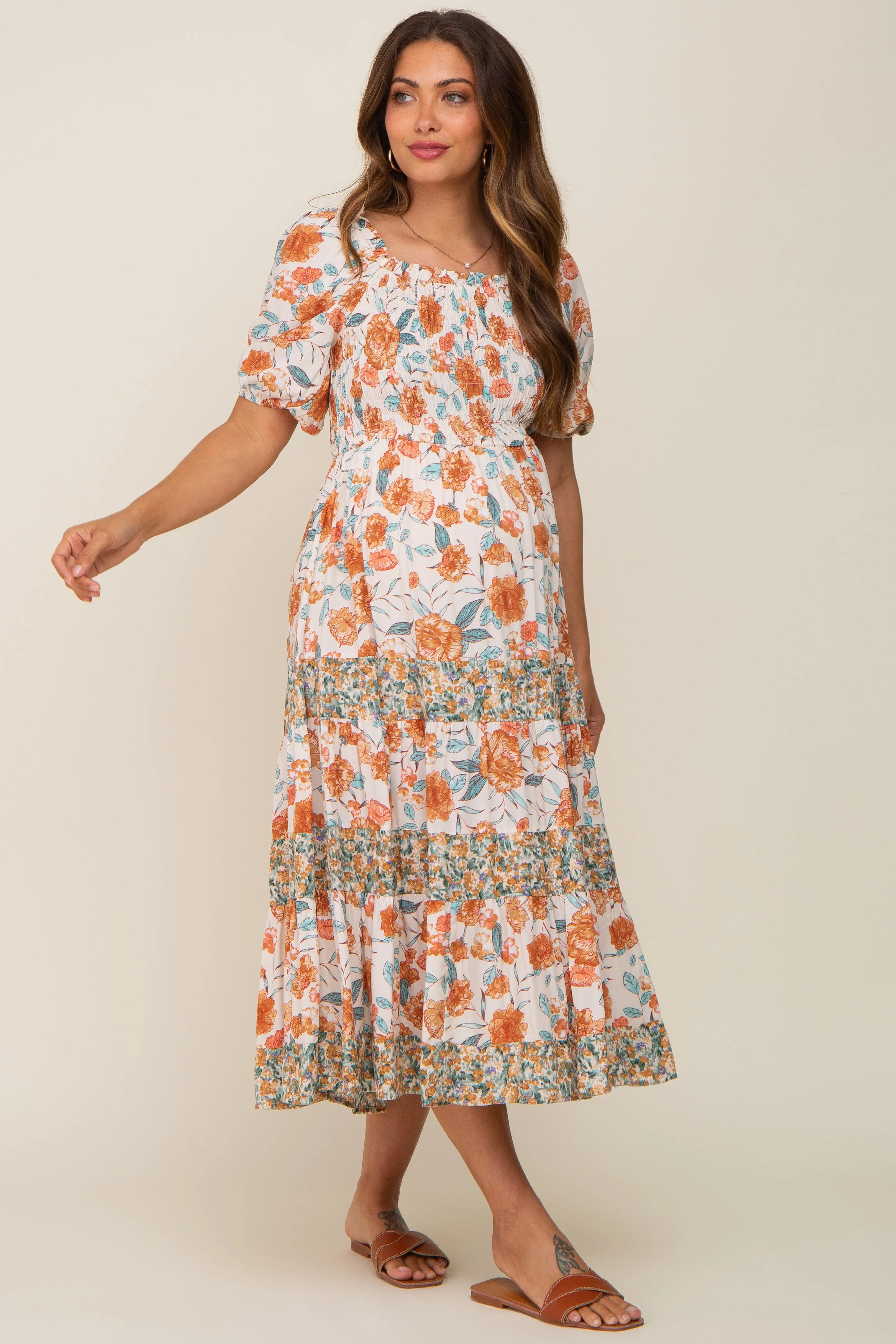 Cream Floral Puff Sleeve Tiered Maternity Midi Dress sold by Pinkblush product image thumbnail 4