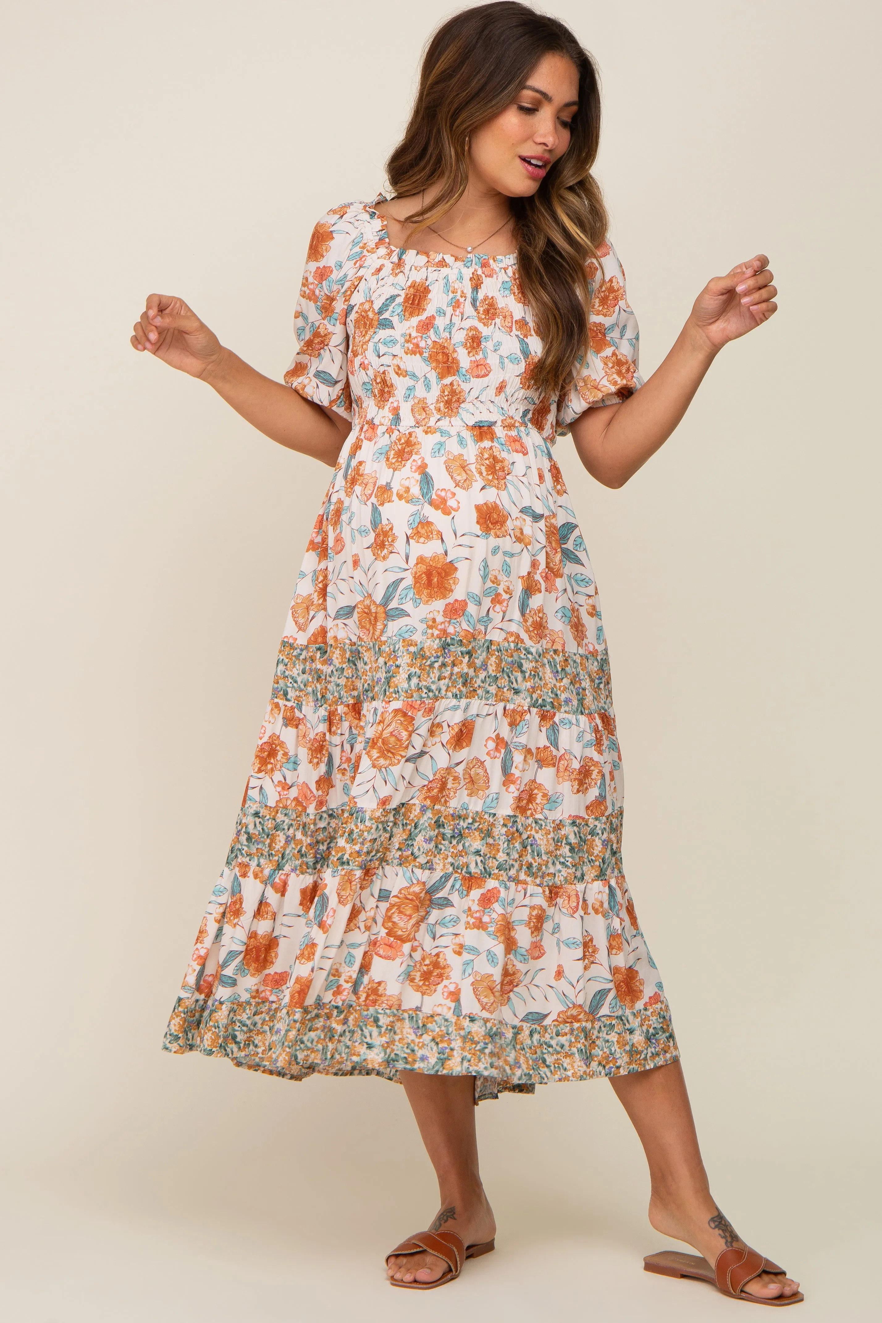 Cream Floral Puff Sleeve Tiered Maternity Midi Dress sold by Pinkblush