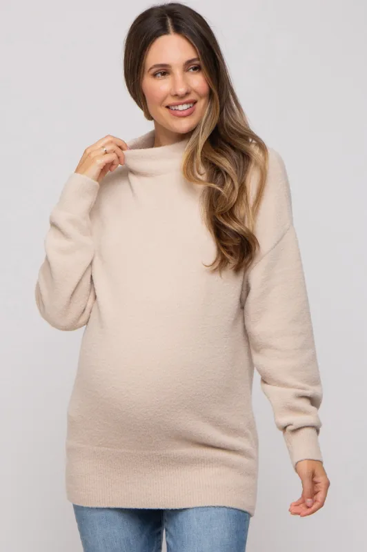 Beige Fuzzy Knit Mock Neck Maternity Sweater sold by Pinkblush