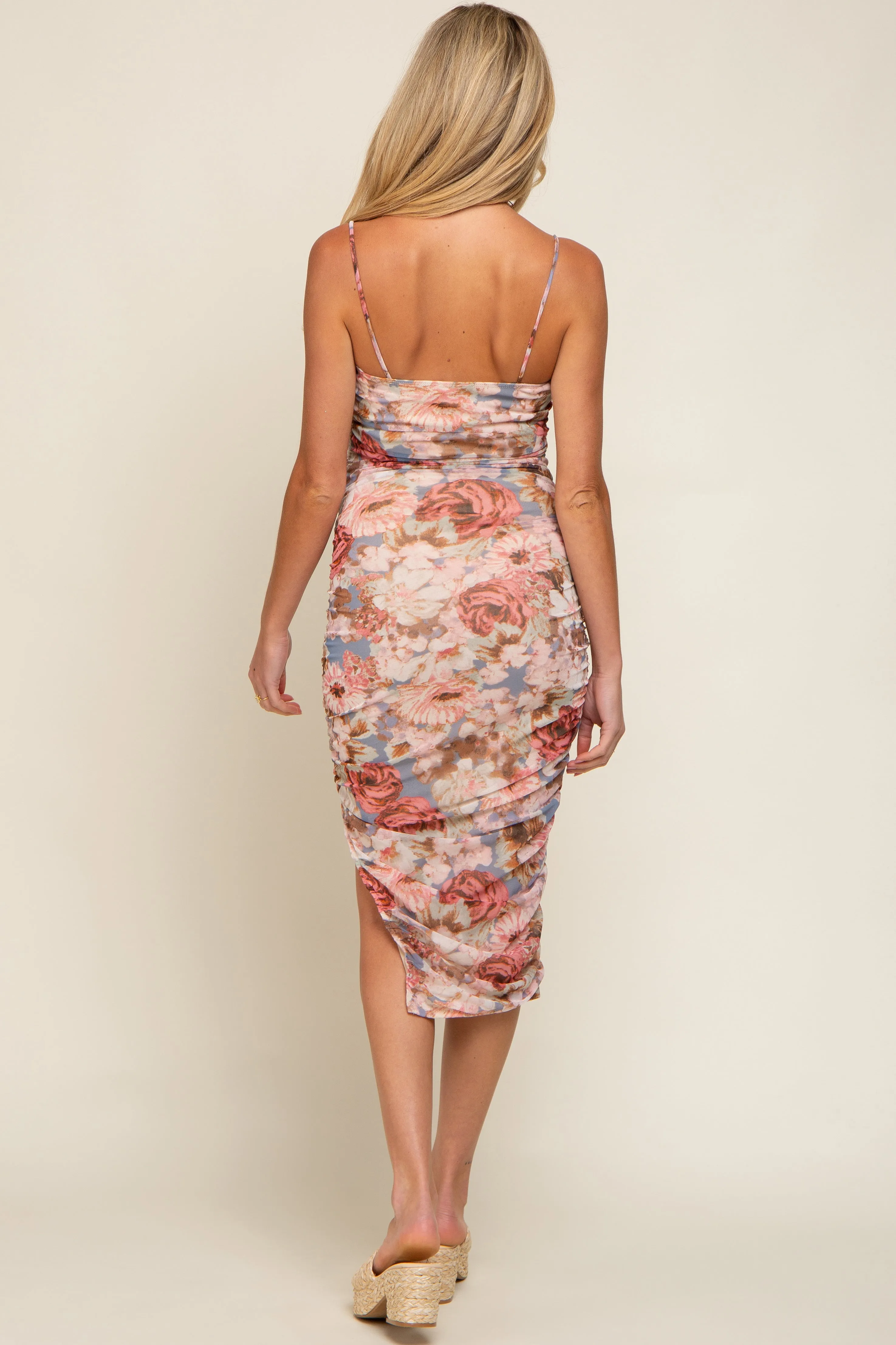 Multicolor Floral Mesh Ruched Maternity Midi Dress sold by Pinkblush product image thumbnail 3