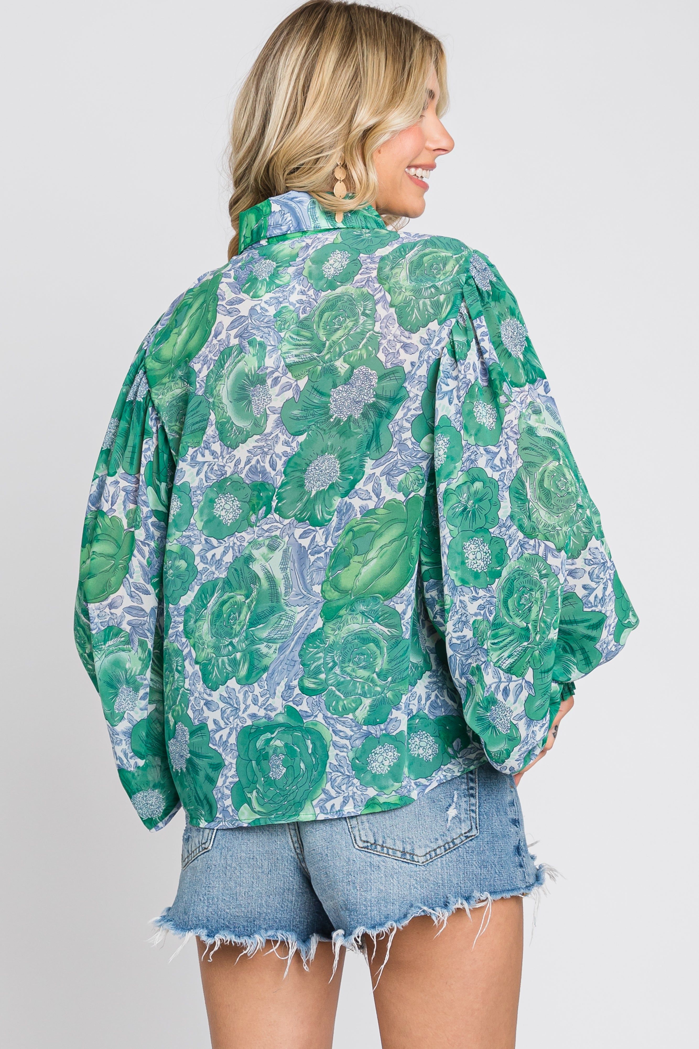 Green Floral Button Up Blouse sold by Pinkblush product image thumbnail 3