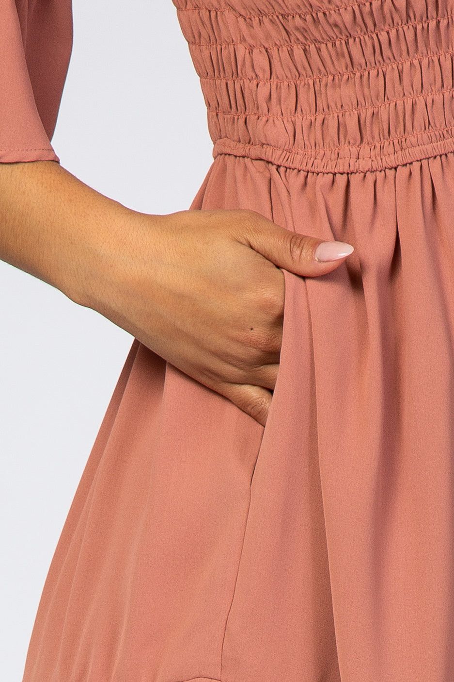 Salmon Smocked Pleated Tier Midi Dress sold by Pinkblush product image thumbnail 4