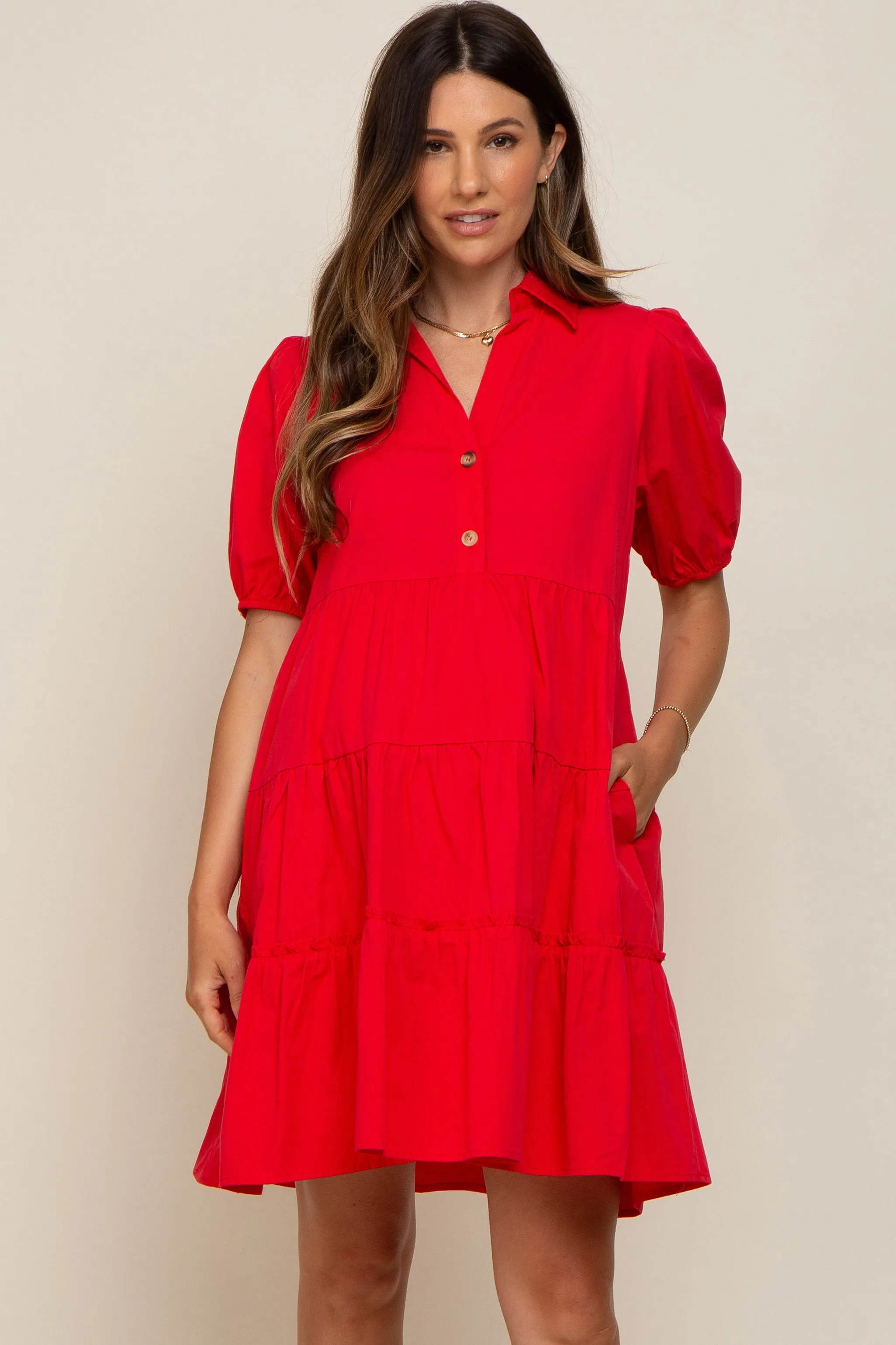 Red Collared Tiered Maternity Dress sold by Pinkblush product image thumbnail 2