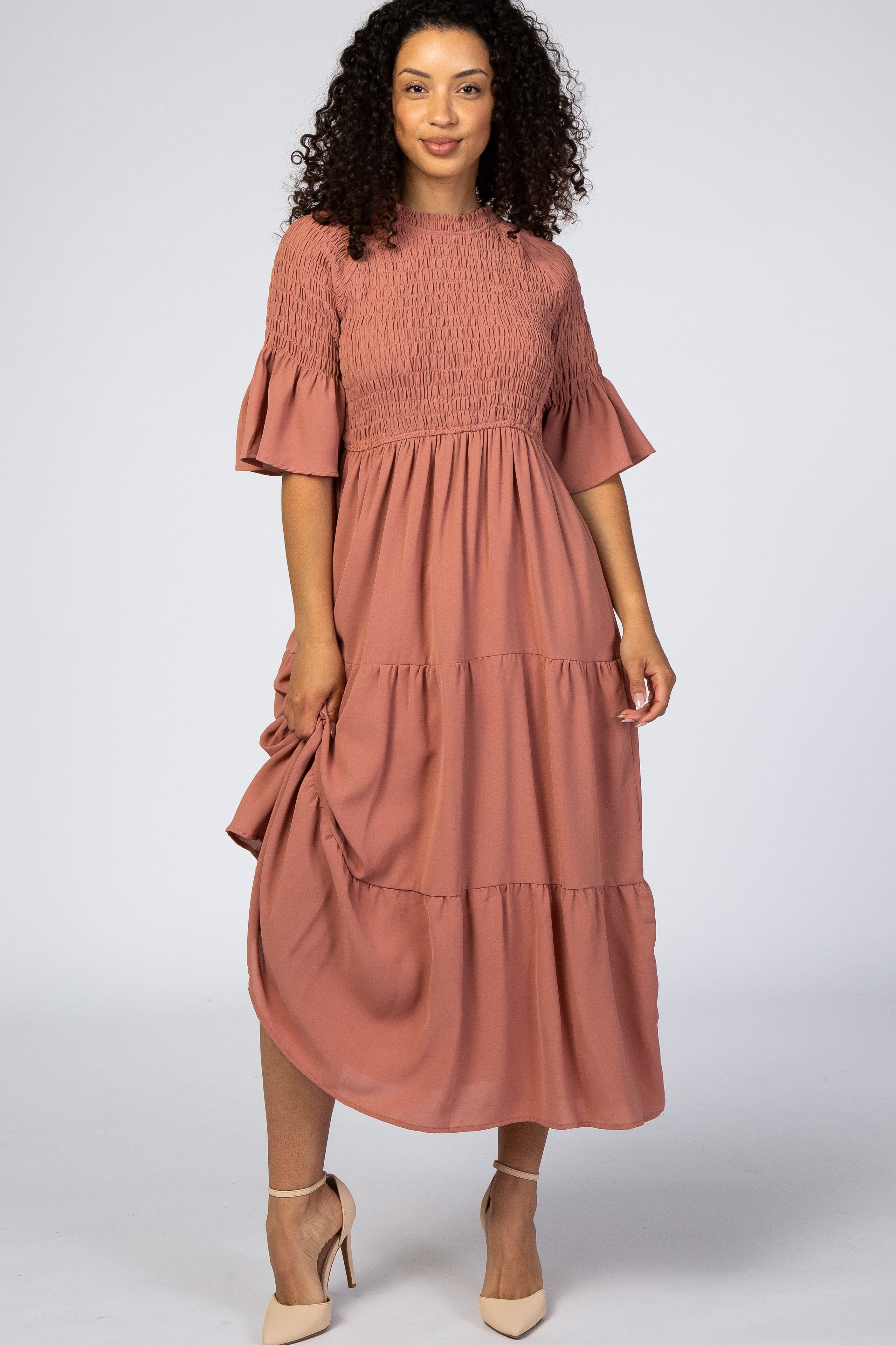 Salmon Smocked Pleated Tier Midi Dress sold by Pinkblush