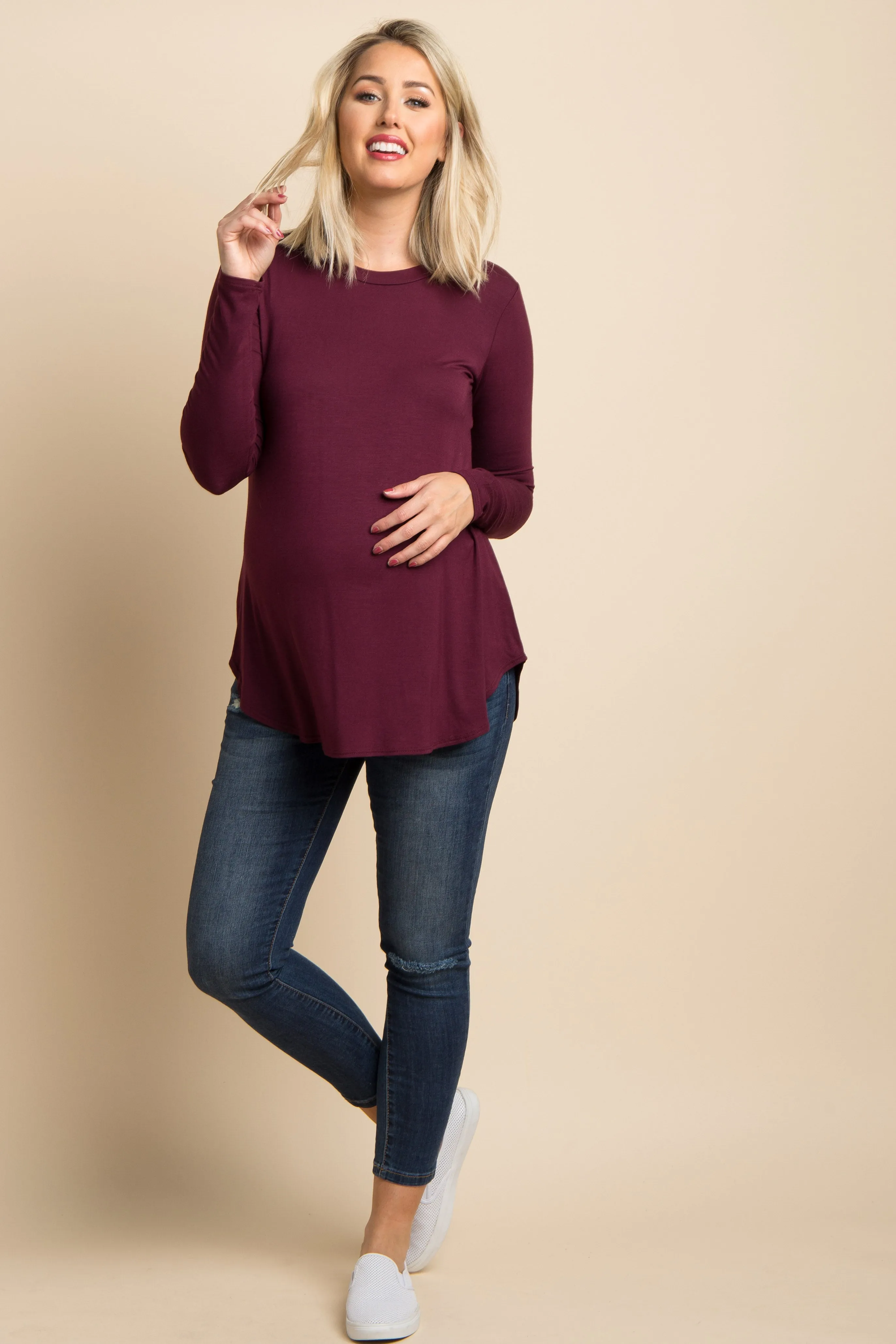 Burgundy Basic Long Sleeve Maternity Top sold by Pinkblush product image thumbnail 2