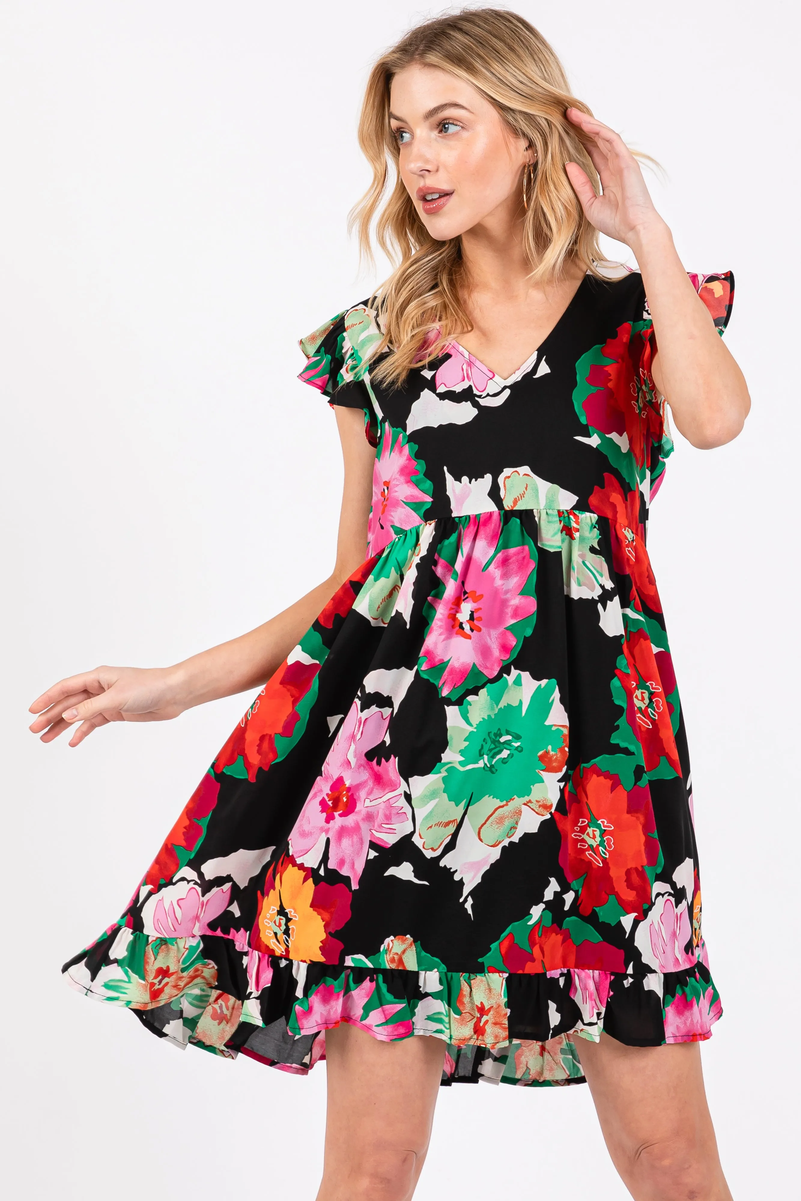 Black Floral Ruffle Shoulder Maternity Dress sold by Pinkblush product image thumbnail 4