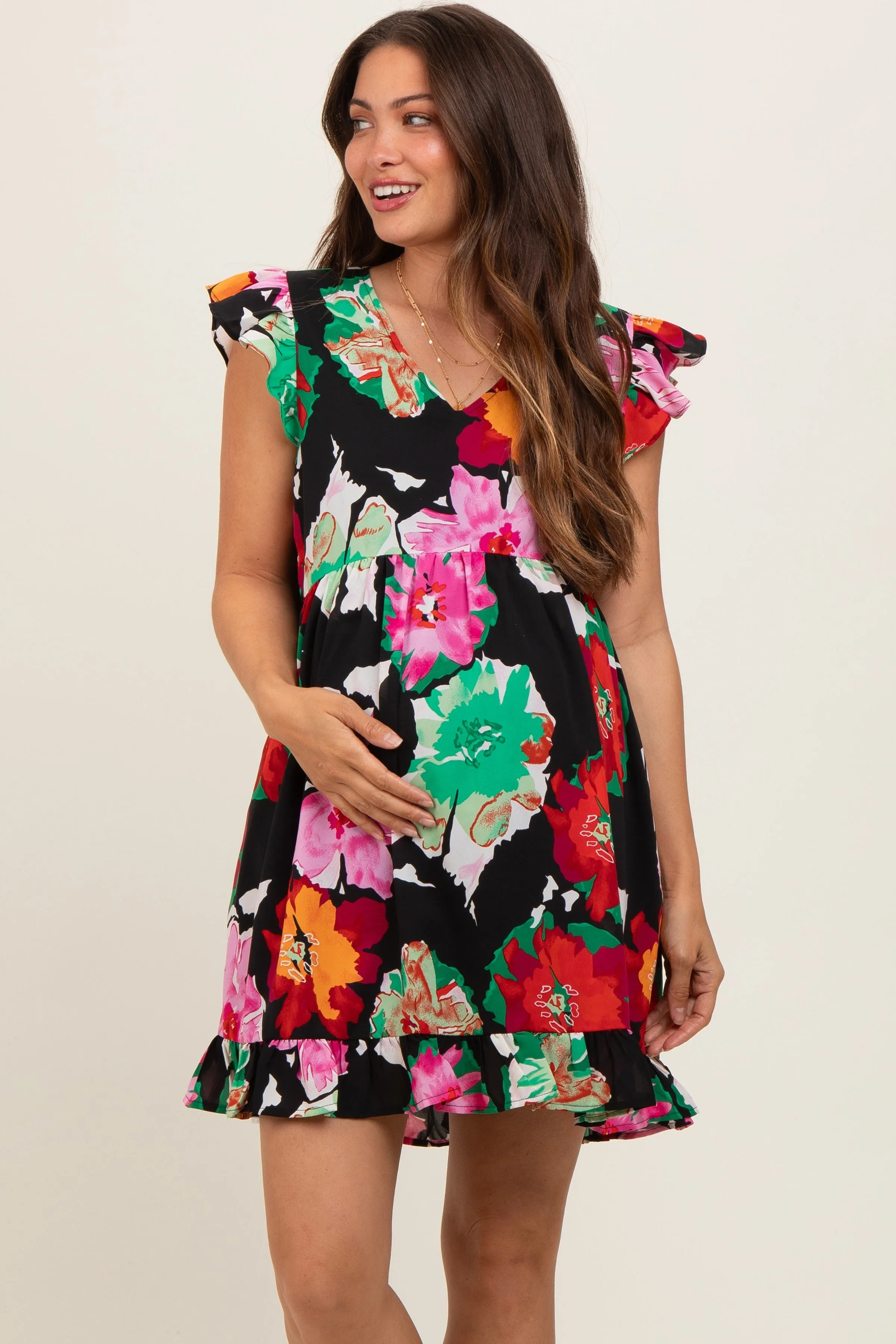 Black Floral Ruffle Shoulder Maternity Dress sold by Pinkblush
