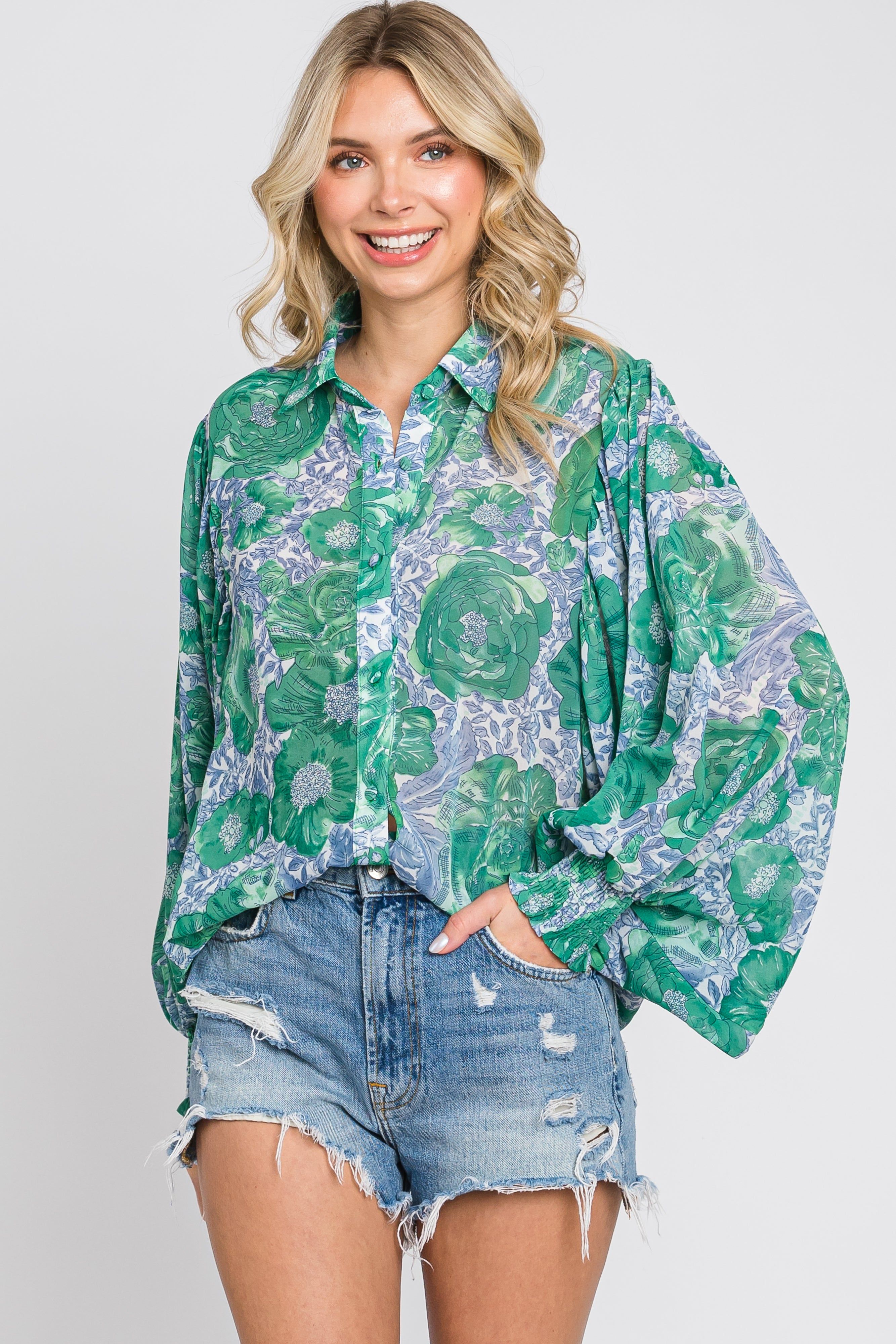 Green Floral Button Up Blouse sold by Pinkblush product image thumbnail 4