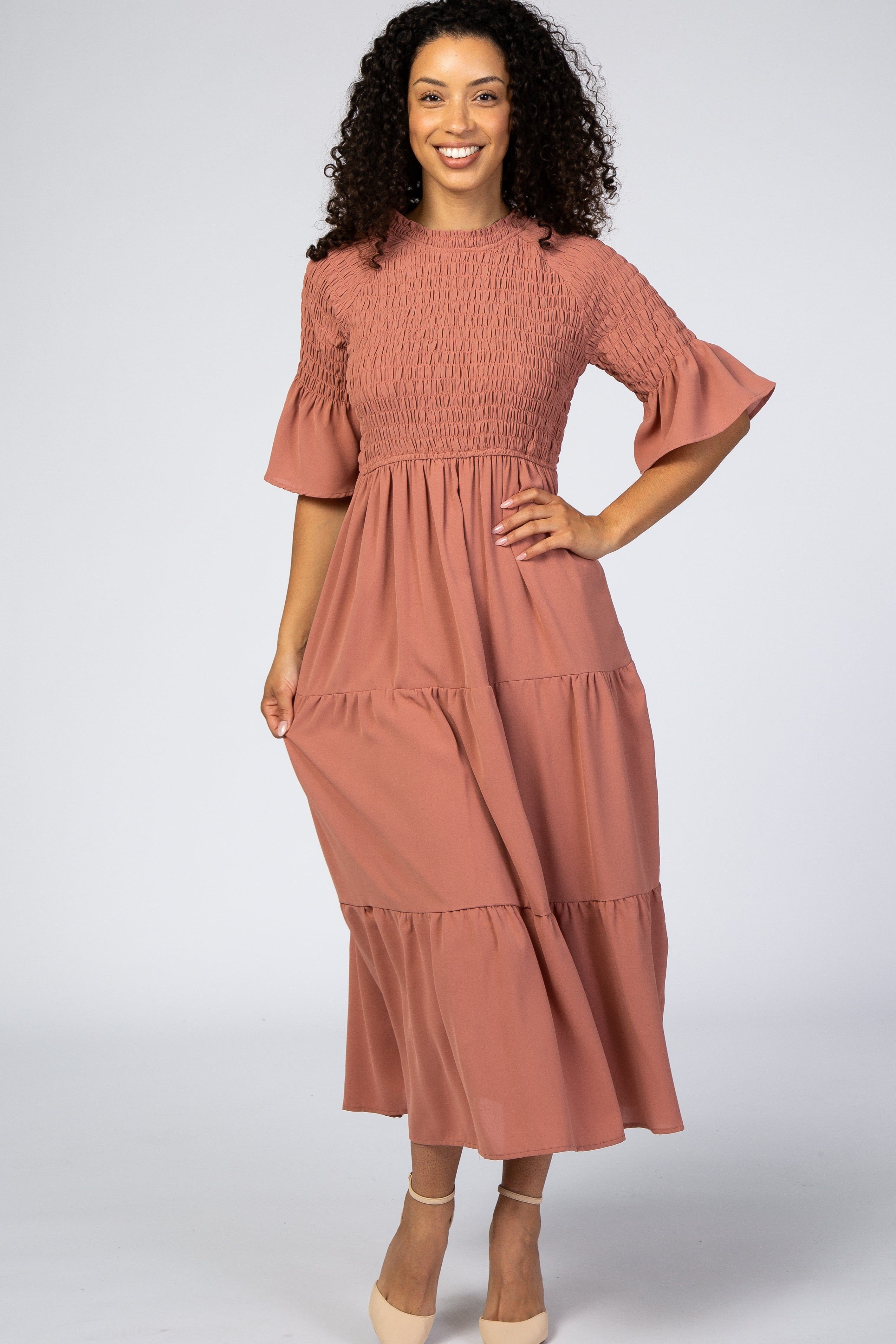 Salmon Smocked Pleated Tier Midi Dress sold by Pinkblush product image thumbnail 5