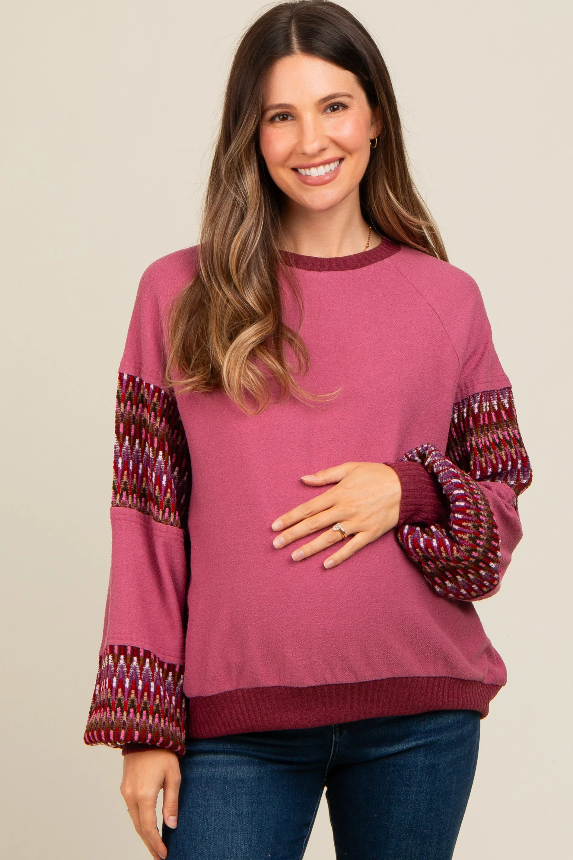 Mauve Knit Contrast Sleeve Maternity Pullover sold by Pinkblush