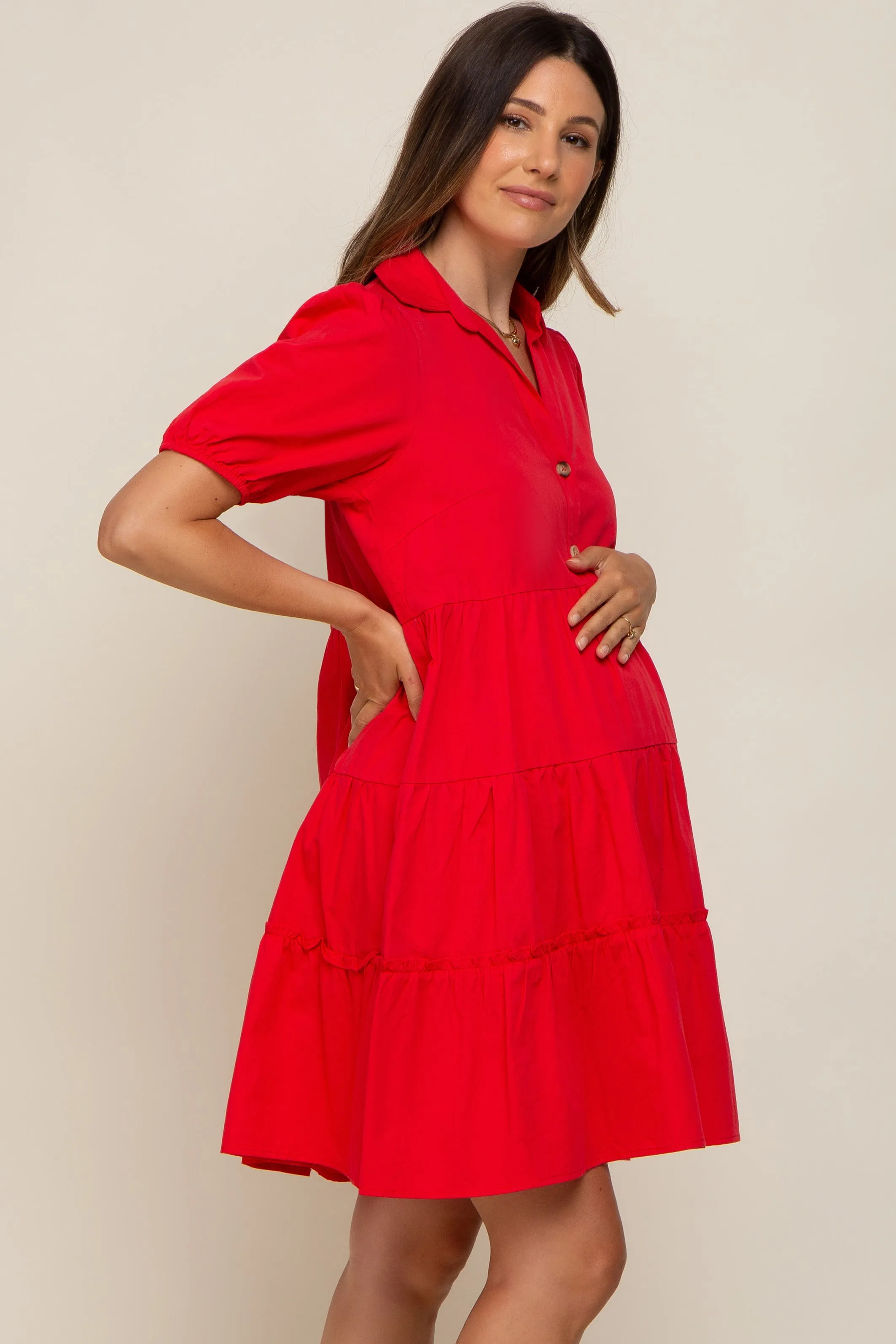 Red Collared Tiered Maternity Dress sold by Pinkblush product image thumbnail 3