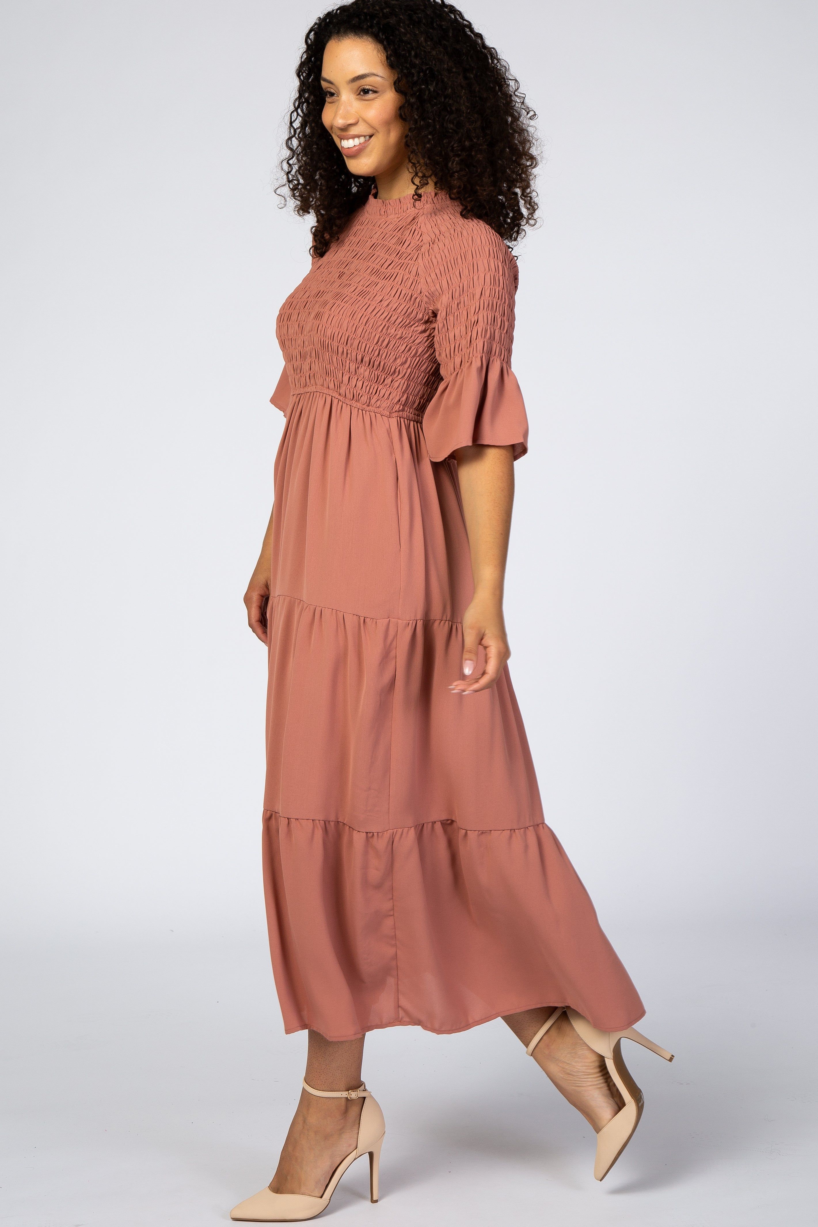 Salmon Smocked Pleated Tier Midi Dress sold by Pinkblush product image thumbnail 2